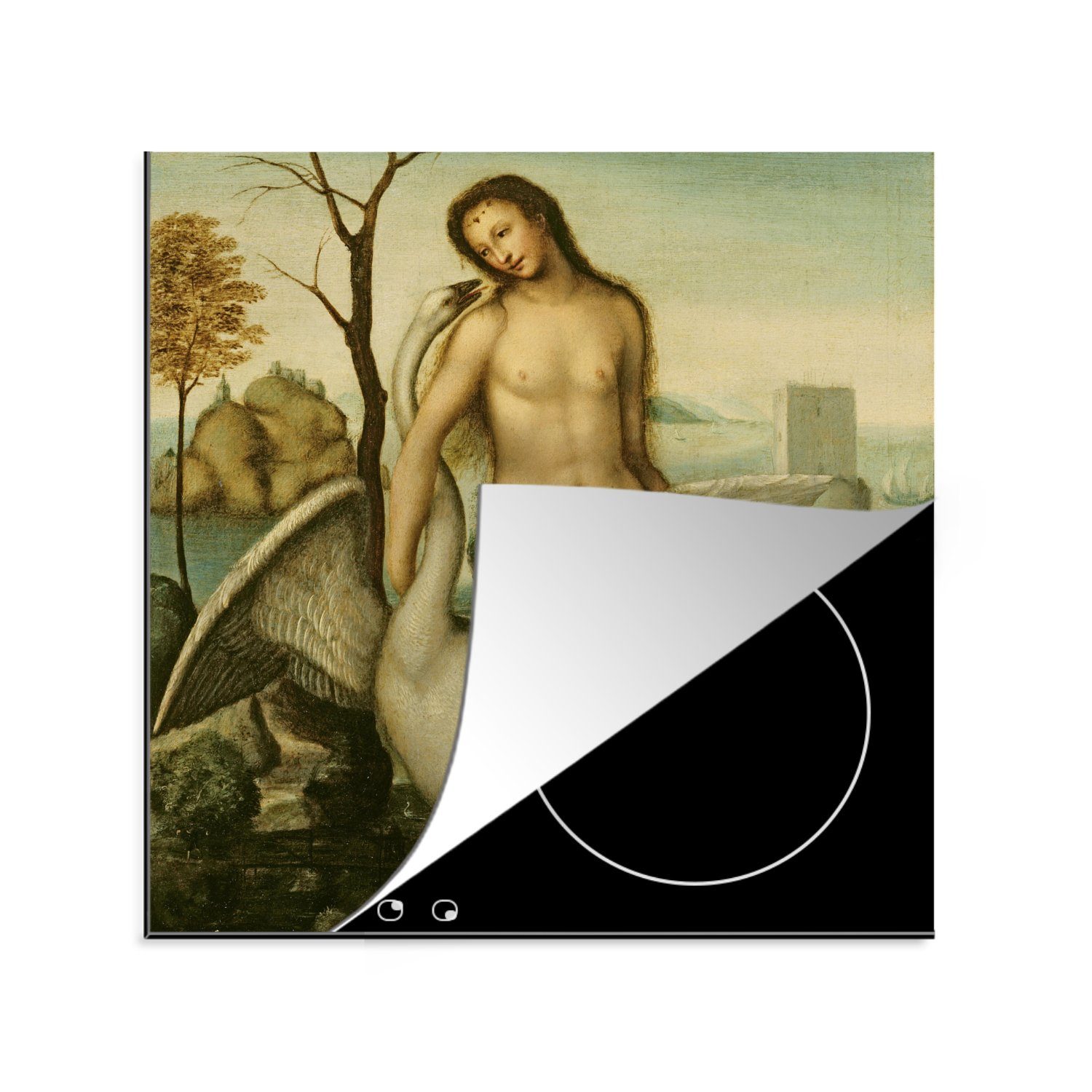 MuchoWow Herdblende-/Abdeckplatte Leda und der Schwan - Leonardo da Vinci, Vinyl, (1 tlg), 78x78 cm, Ceranfeldabdeckung, Arbeitsplatte für küche