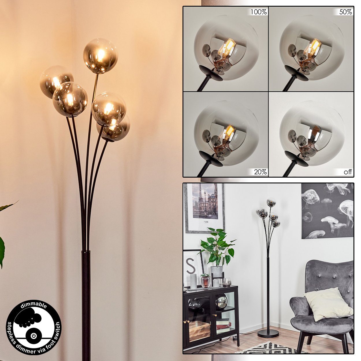 hofstein Stehlampe dimmbare Stehlampe aus Metall/Glas in Schwarz/Rauchfarben/Klar, ohne Leuchtmittel, Standleuchte Glaskugeln Ø12cm, dimmbar, 5xG9, ohne Leuchtmittel