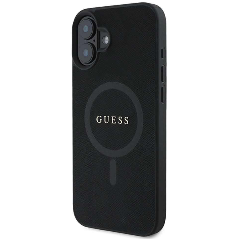 Guess Handyhülle iPhone 16 Plus schwarz glitzernde Optik Logo goldfarbig MagSafe 6,7 Zoll, Kantenschutz