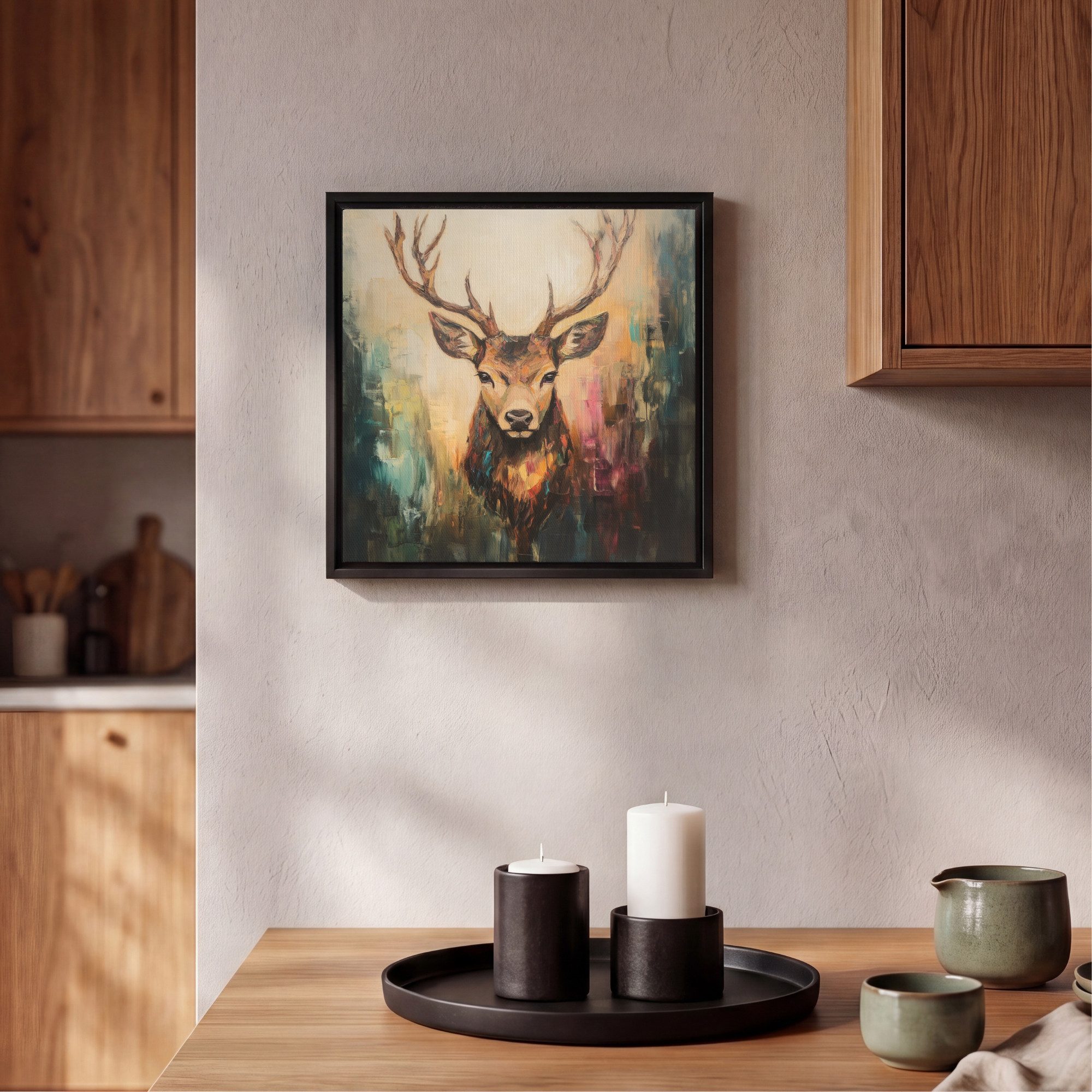 OneMillionCanvasses® Leinwandbild mit Rahmen - Hirsch - Gemalt - Geweih - Braun, Fotodruck (1 St), Leinwand Bilder Klein, Wand Dekoration Aesthetic 20x20cm – Bild 2 von 5