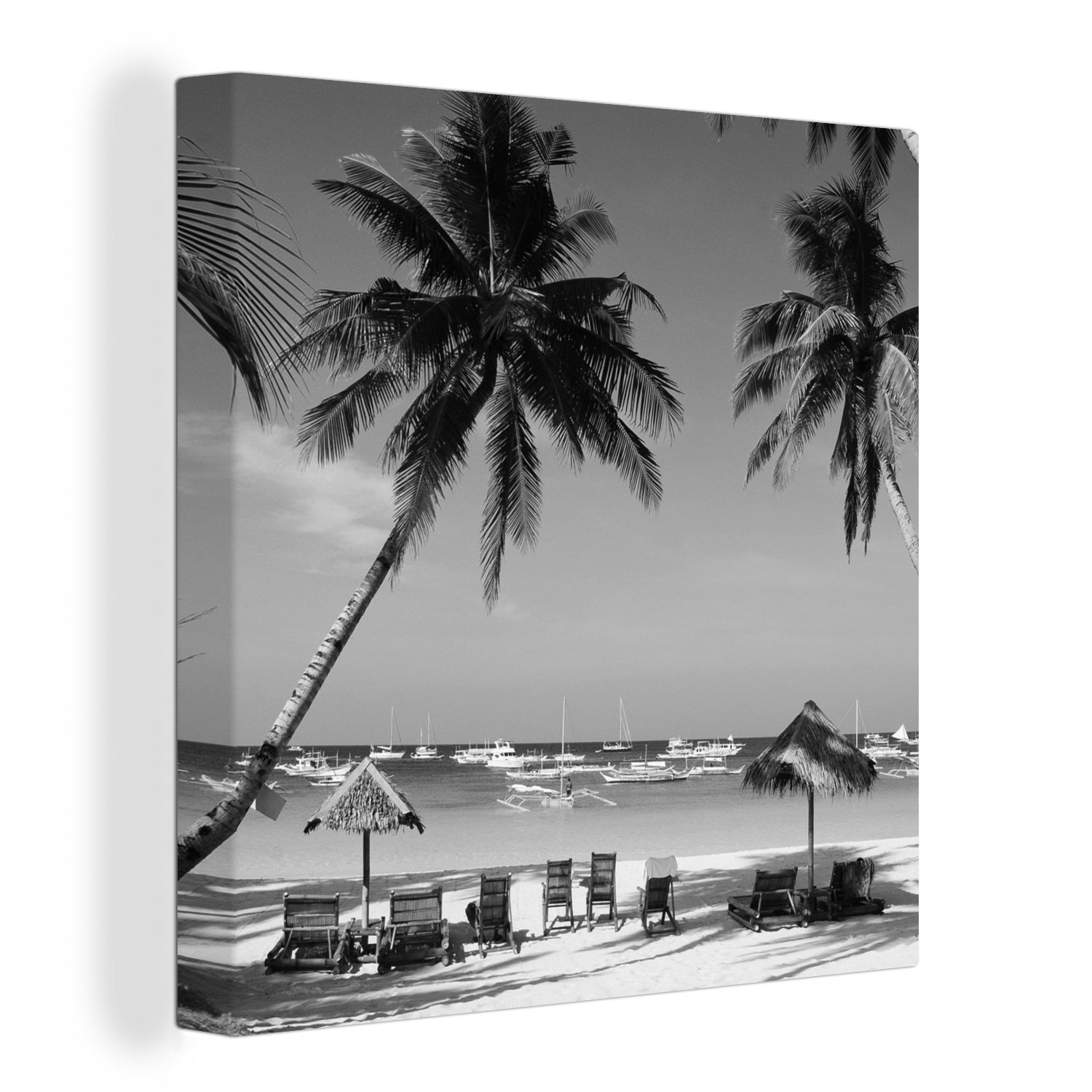 OneMillionCanvasses® Leinwandbild Palmen und Liegestühle am Strand von Boracay - schwarz und weiß, (1 St), Leinwand Bilder für Wohnzimmer Schlafzimmer