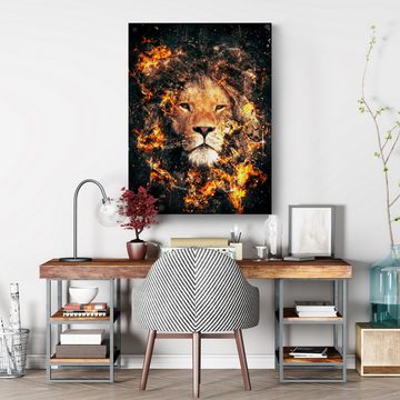 wandmotiv24 Leinwandbild Löwen, Hochformat, Löwe in Feuer & Flamme, Tiere (1 St), Wandbild, Wanddeko, Leinwandbilder in versch. Größen