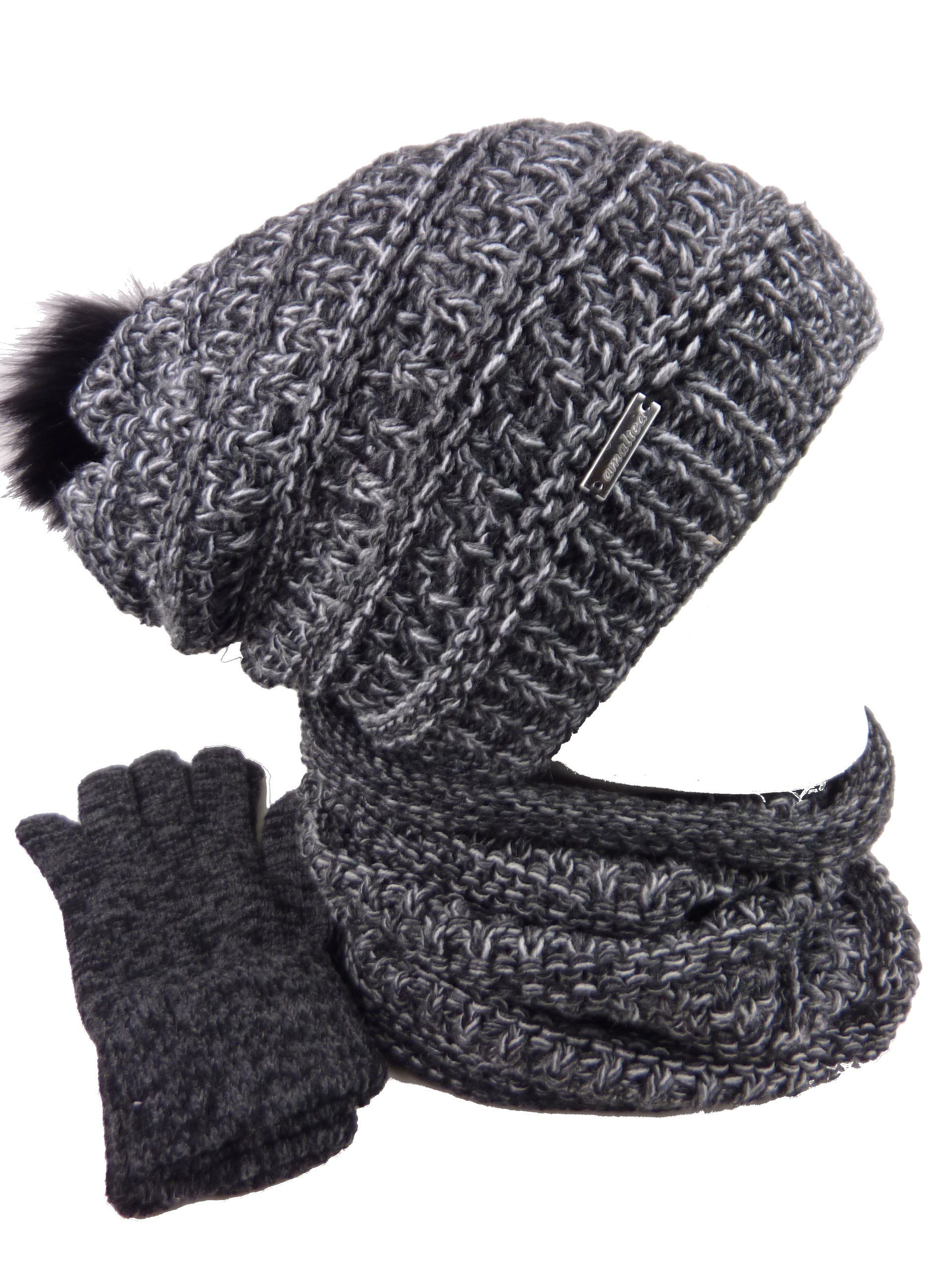 Taschen4life Strickmütze Damen Mütze Schal Handschuhe Tea (Set 3 teilig, mit Schal und Handschuhen) Long-Beanie mit großem Bommel (Synthetik), Loop Rundschal