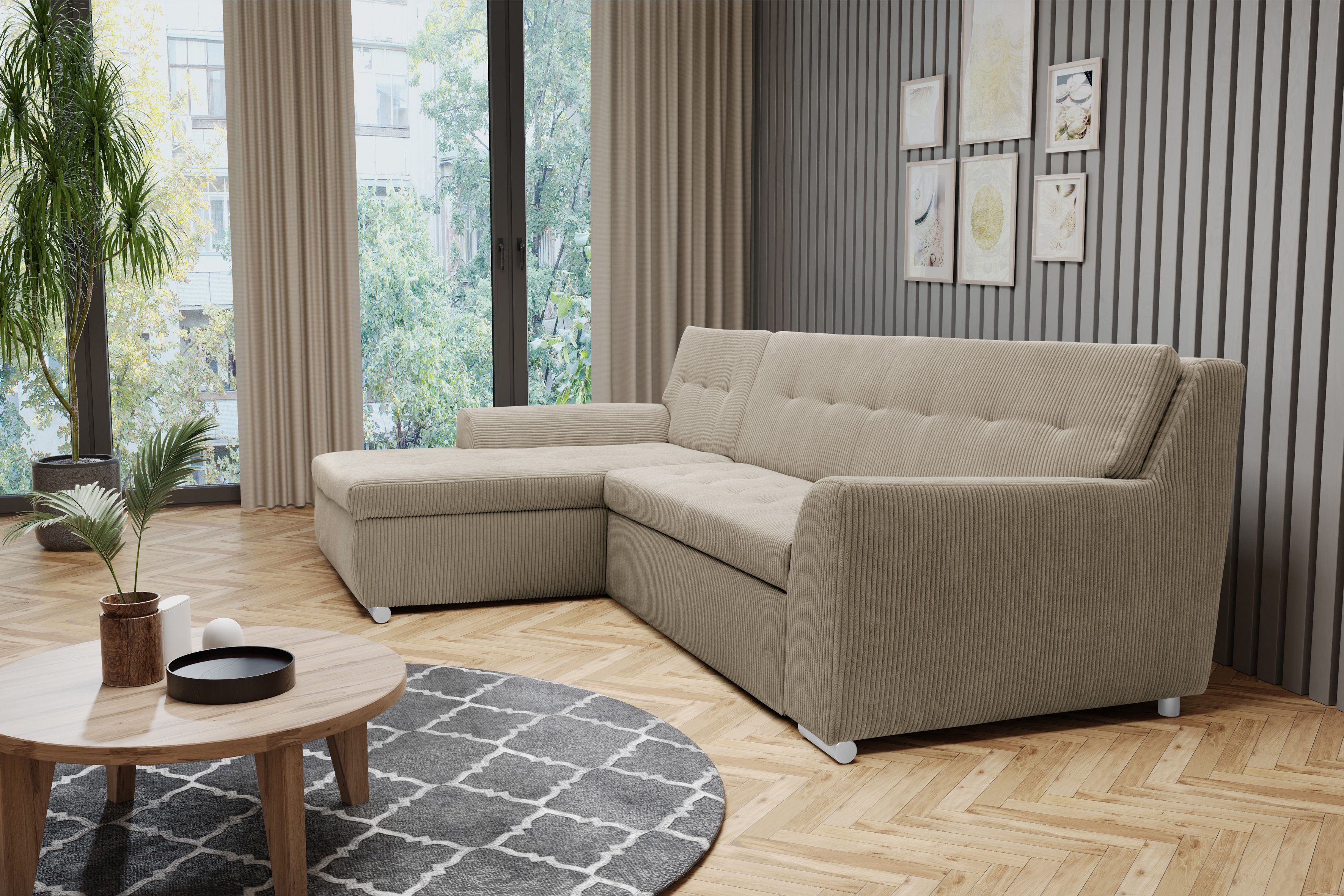 DOMO collection Ecksofa Treviso viele Bezüge, auch in Cord, L-Form, B/T/H: 267/80/83 cm, wahlweise mit Bettfunktion, incl. Zierkissen, hochwertige Steppung