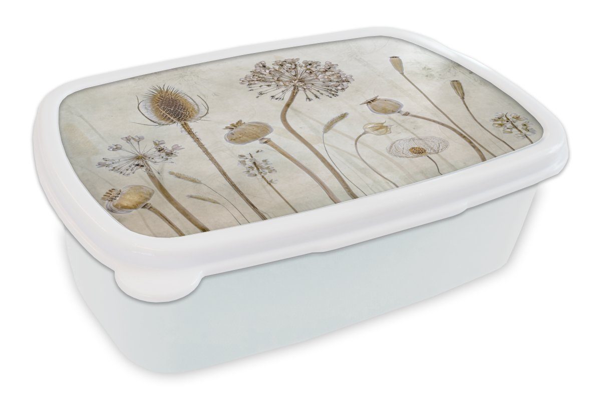 MuchoWow Kunststoff, - und Erwachsene, - Vintage, Jungs Brotdose, für Mädchen Aquarell Stilleben Kinder und Lunchbox für Blumen (2-tlg), - Braun weiß - Brotbox