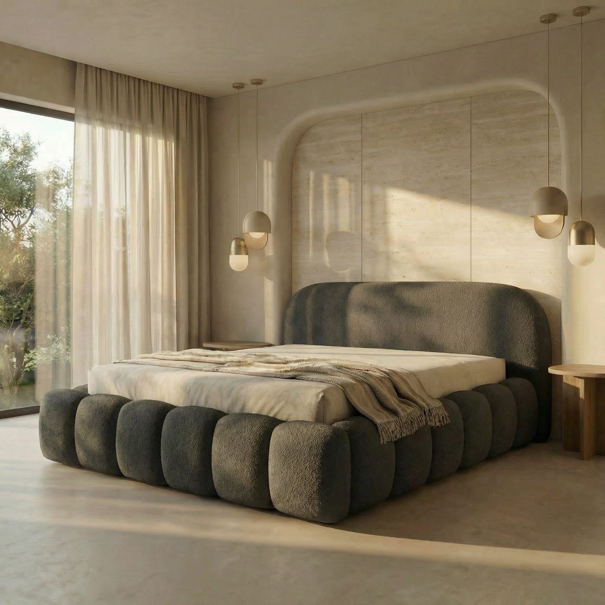 yourhouse24 Polsterbett Orlando Slim Bouclé kompaktes Wolkenbett mit Bettkasten, Bubble-Optik & Japandi