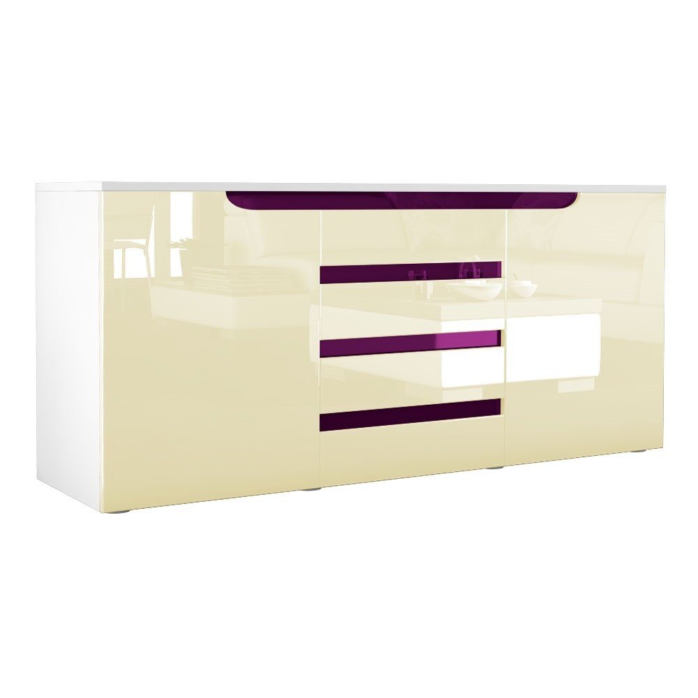 Vladon Sideboard Sintra V1 (Kommode, mit 2 Türen und 4 Schubladen), Weiß matt/Creme Hochglanz/Brombeer Hochglanz (139 x 72 x 35)