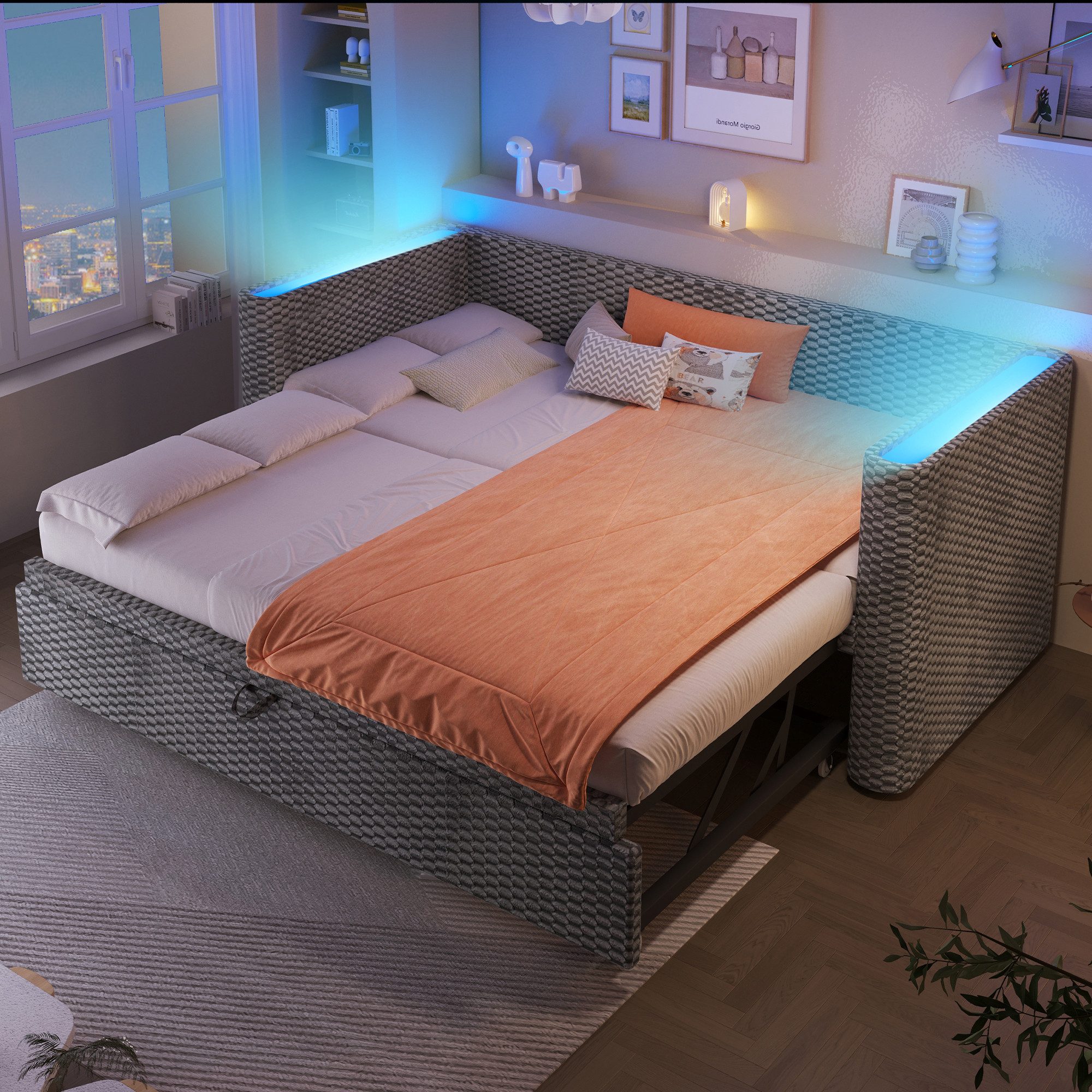 Merax Daybett 90×200cm/180x200cm mit LED-Lichtleiste & App-gesteuerter (Jugendbett Doppelbett Kinderbett, 1 tlg), Polsterbett Tagesbett Schlafsofa mit Ausziehbett und Lattenrost, Samt
