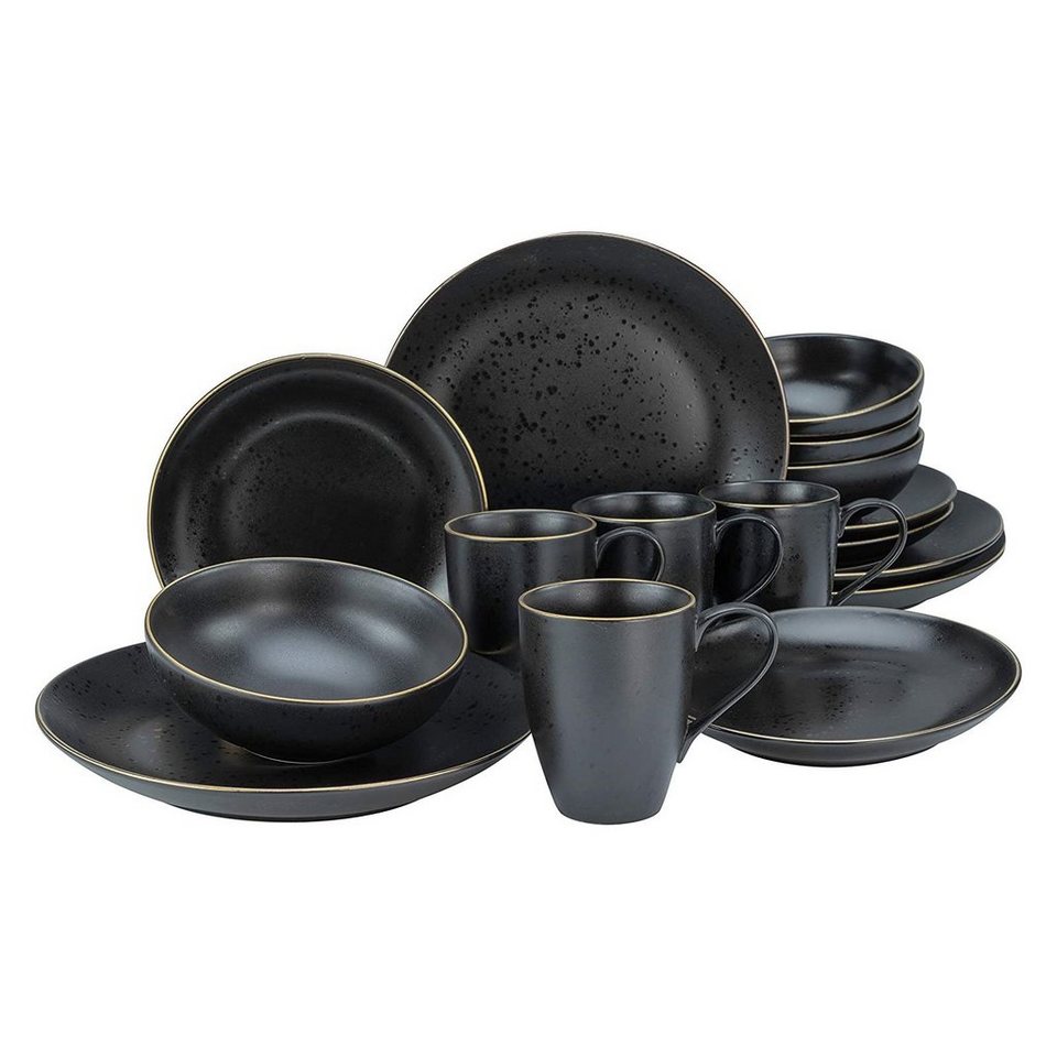 CreaTable Kombiservice Geschirr-Set Industrial (16-tlg), 4 Personen,  Steinzeug, Service, schwarze, Goldrand, 16 Teile, für 4 Personen, für die  festliche Tafel und für den Daily Use geeignet