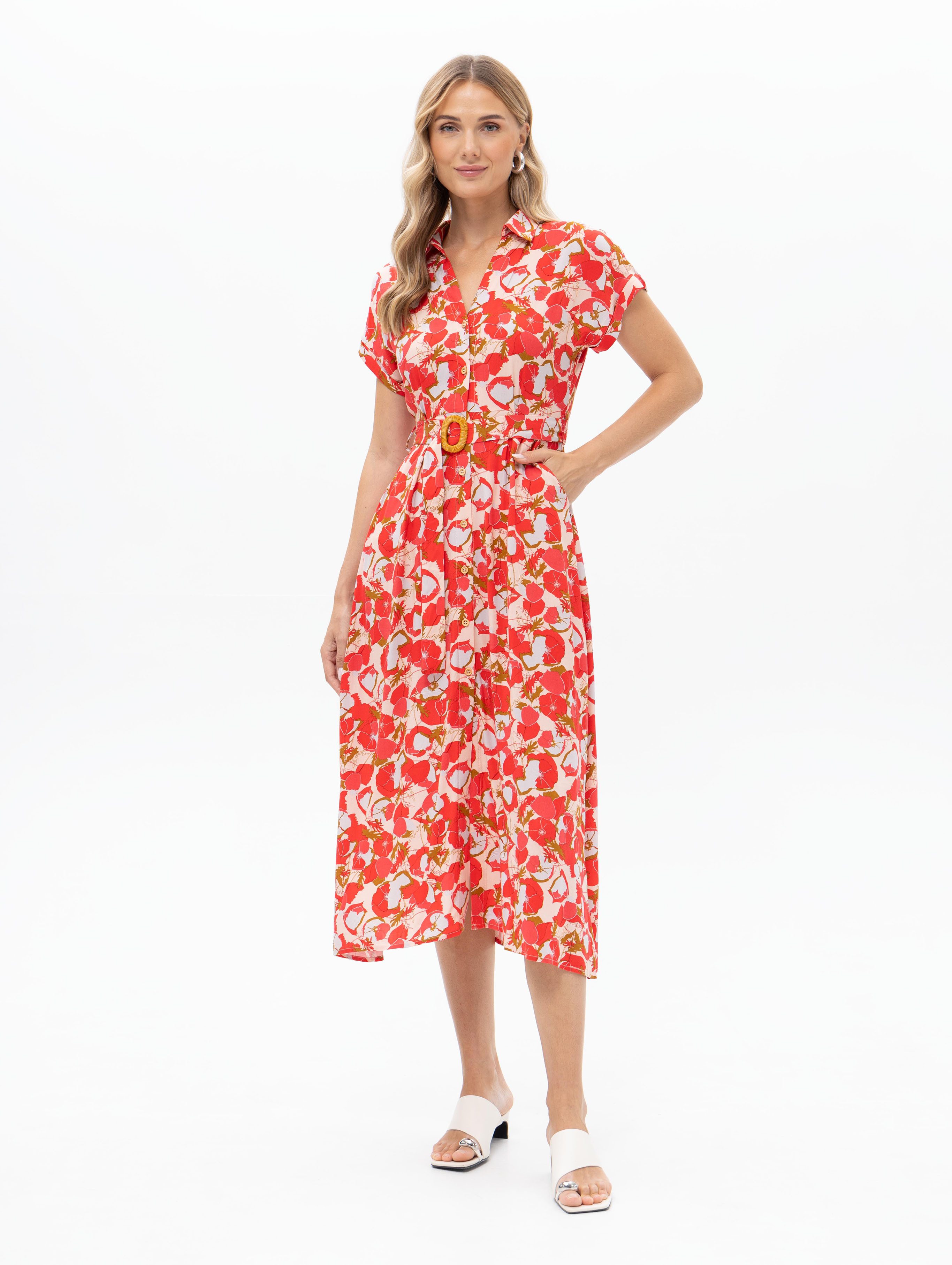 Passioni Hemdblusenkleid mit Blumenprint Sommerkleid mit floralem Print in Rot- Orange