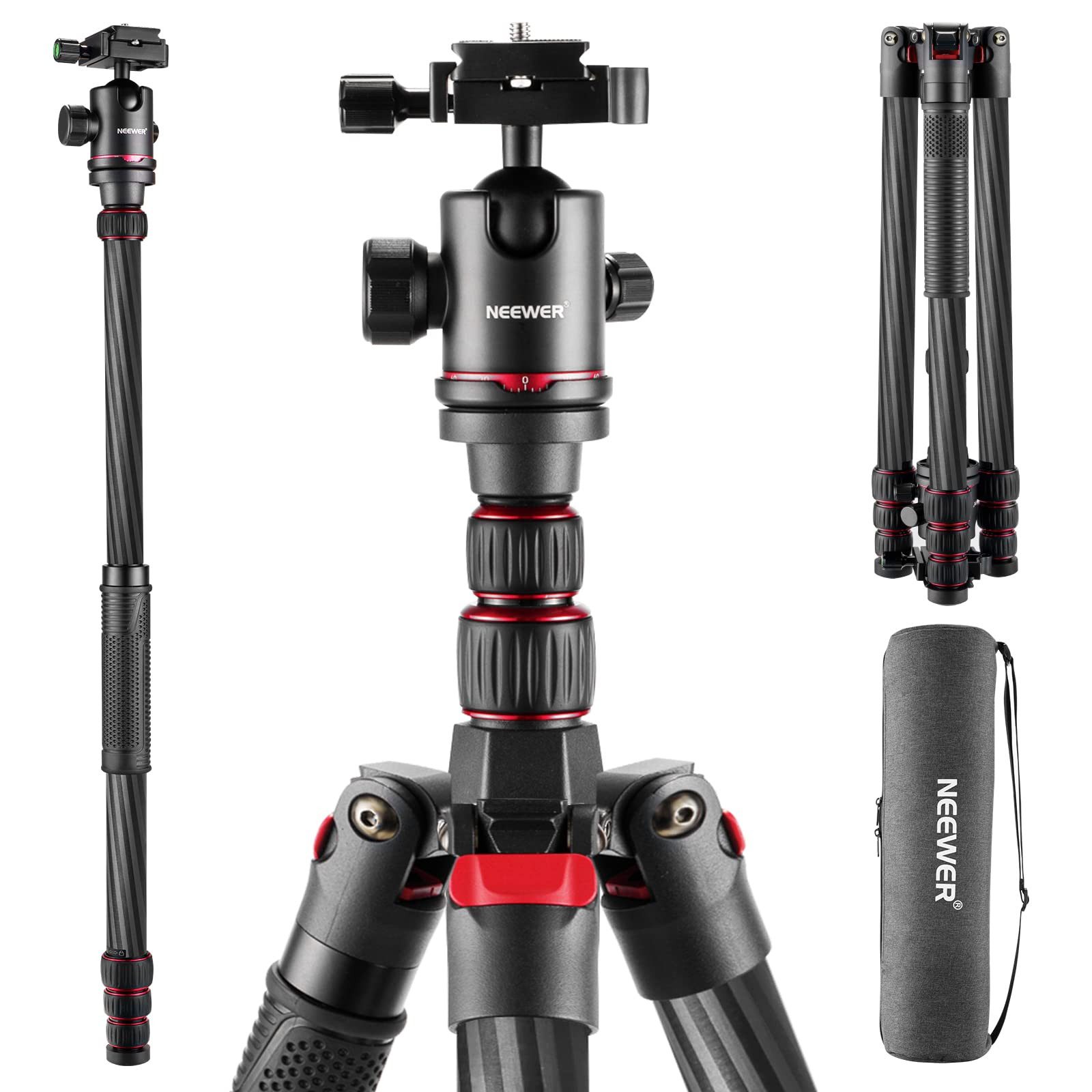 Neewer N55CR Carbon-Stativ 205cm, 360° Kugelkopf, 12kg Tragkraft Kamerastativ (höhenverstellbar von 56.5 bis 213 cm)