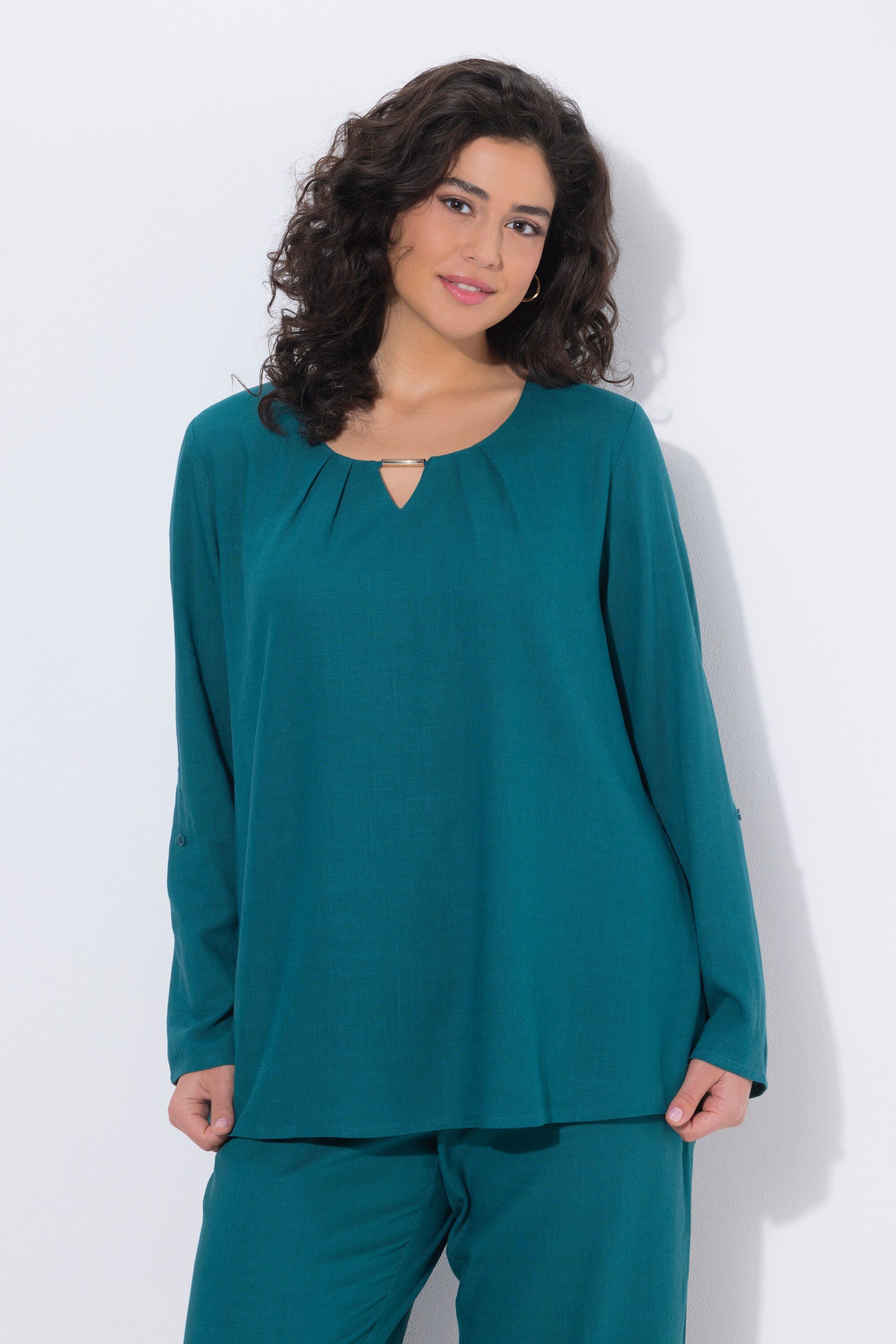 Druckbluse Bluse Leinenmix Zierspange Rundhals 3/4-Arm