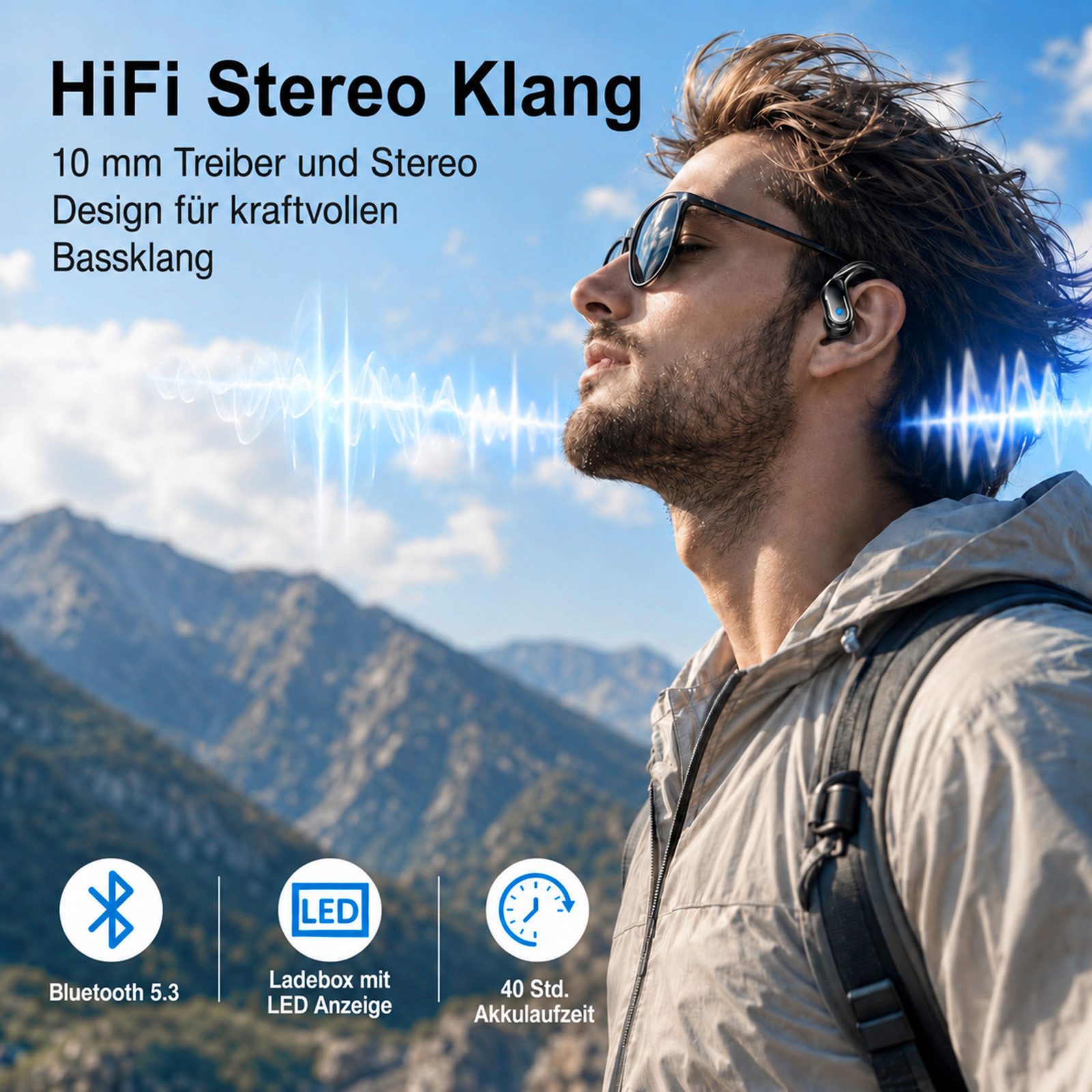MOPUEA Open Ear Kopfhörer Bluetooth 5.3 Sport Kopfhörer In Ear mit Ladecase Open-Ear-Kopfhörer (Bluetooth 5.3 IPX7 ENC Mikrofon Touch und 60 Std Laufzeit)