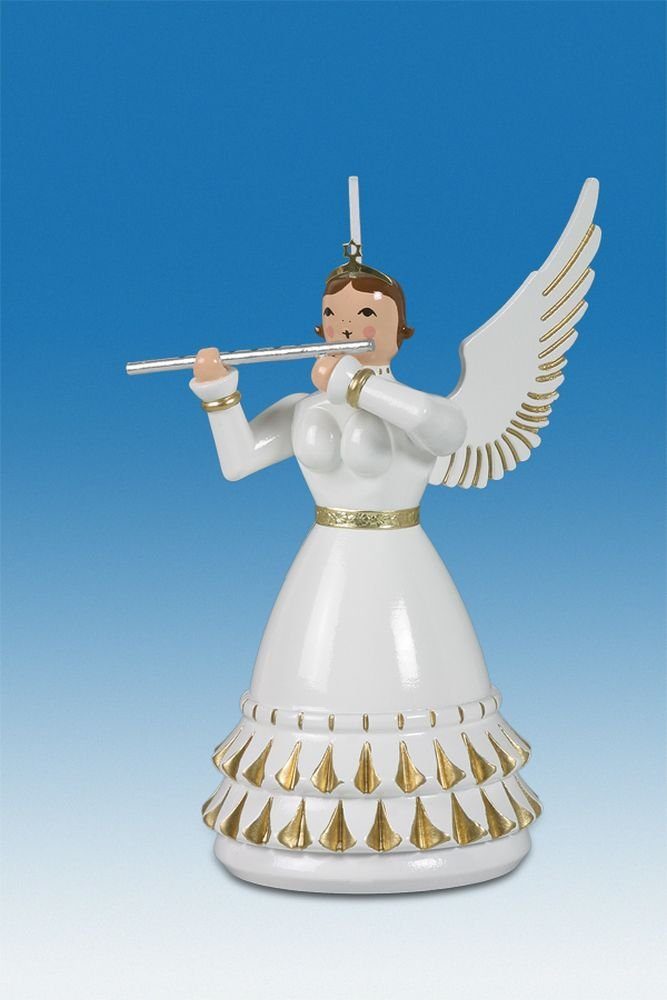 Engelfigur Holzfigur Rokokoengel mit Krone und Querflöte Höhe 12cm NEU