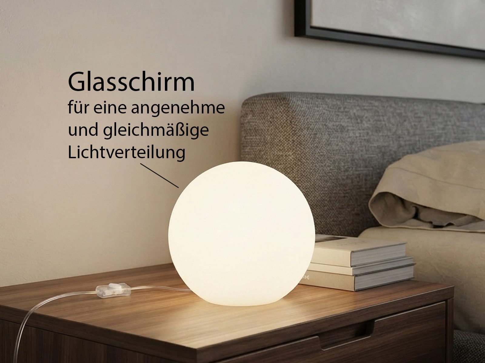 Reality Leuchten LED Tischleuchte Kugel-Lampe Ø 20cm inkl. E27 LED, dimmbar, LED wechselbar, warmweiß, kleine Glaskugel Nacht-Tischlampe, Lampenschirm Opal-Glas – Bild 5 von 5