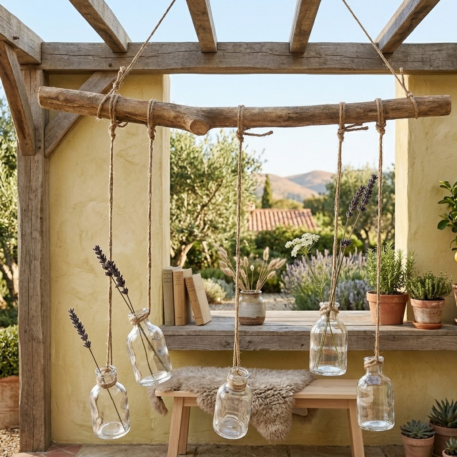 Macosa Home Hängedekoration Ast mit 5 Gläsern Holz Glas Jute 58 cm (Glasfläschchen für Trockenblumen Zweige und florale Arrangements, 1 St., Boho Deko Naturdeko), Hängevase Wanddeko Fensterdeko Blumenhalter