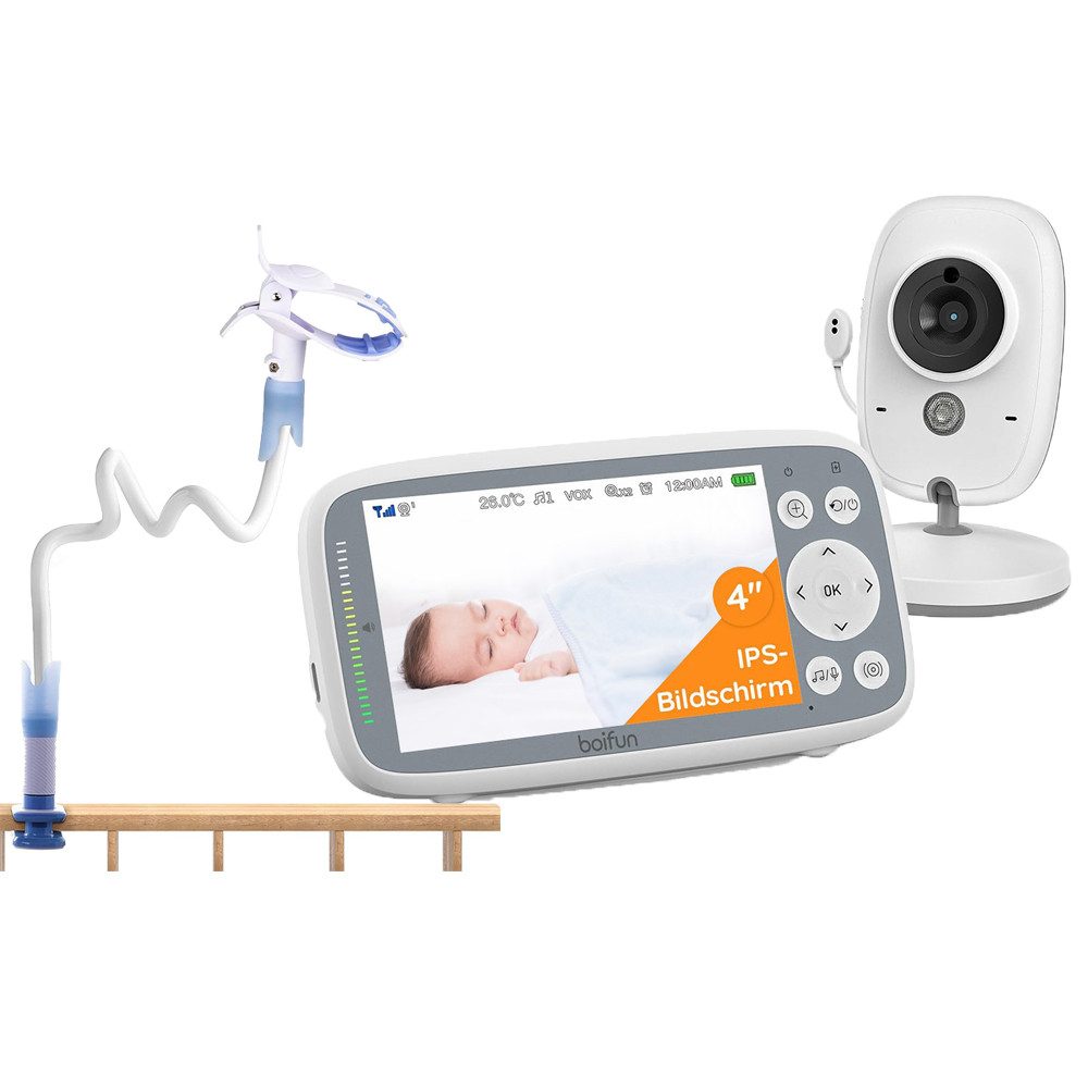 Boifun Babyphone Babyphone mit Kamera und Audio VOX Nachtsicht Babyfon, 4" großer Digital IPS Bildschirm Wireless Zwei-Wege-Gespräch, 1-tlg., Wiegenlieder 30 Stunden wiederaufladbare Batterie 300 m Reichweite, 2024 Verbessert Babyphone ideal für Eltern