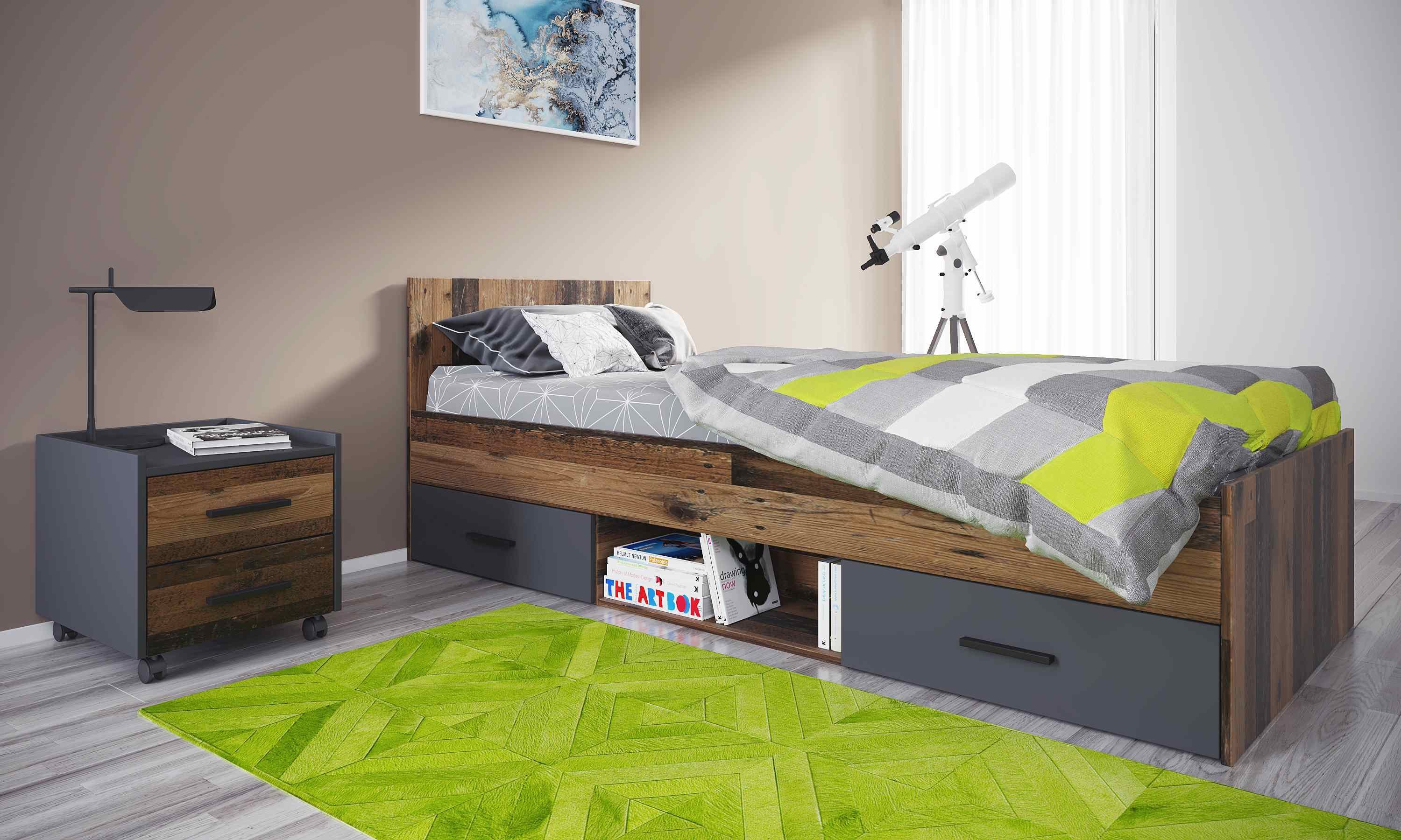 Home affaire Jugendzimmer-Set Nonjoo-Teen, (3-St), Industrial Style, 120er Bett mit Stauraum + Nachttisch