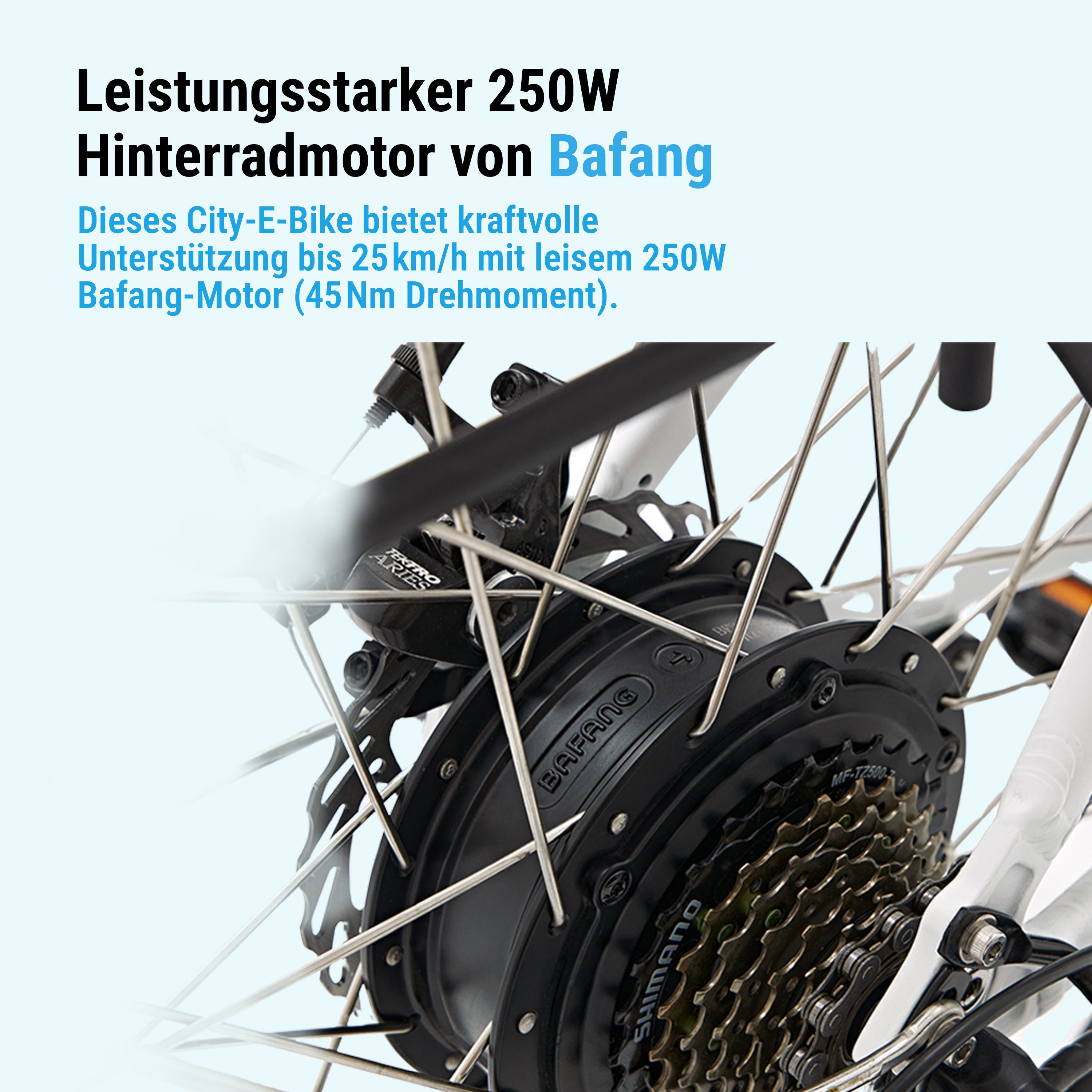 AsVIVA E-Bike Trekkingrad, Cityrad B15 28 Zoll, 7 Gang Shimano Shimano Tourney / SIS RevoShift Schaltwerk, Kettenschaltung, Heckmotor, 504 Wh, 250W Bafang-Motor, Pedelec mit Gepäckträger, Samsung Akku