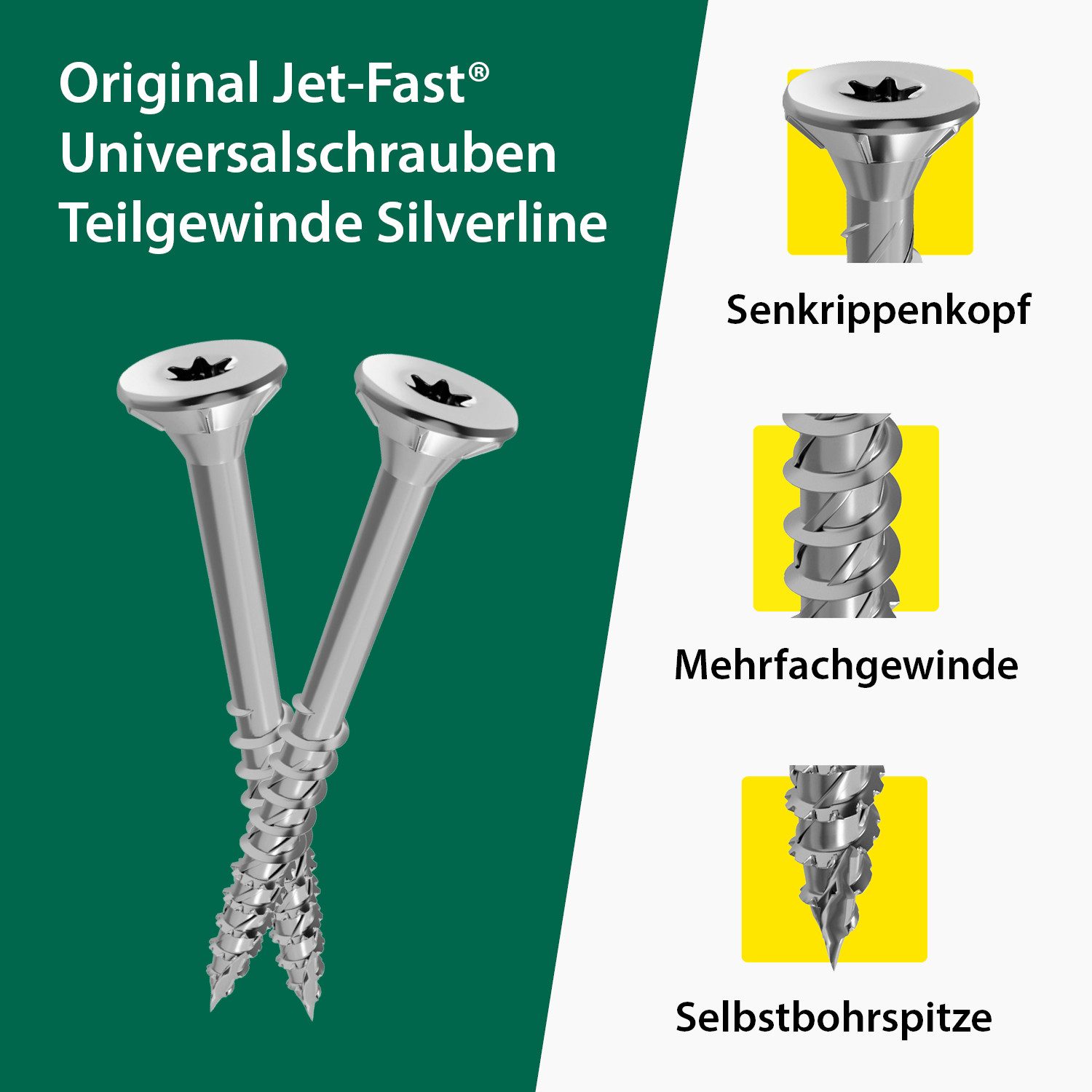 Jet-Fast Schrauben-Set Spanplattenschrauben, Duo-Senkkopf, Selbstbohrspitze - Heimwerker Set, (Legierter Stahl), universeller Einsatz in Hartholz, Kunststoff, Aluminium etc.