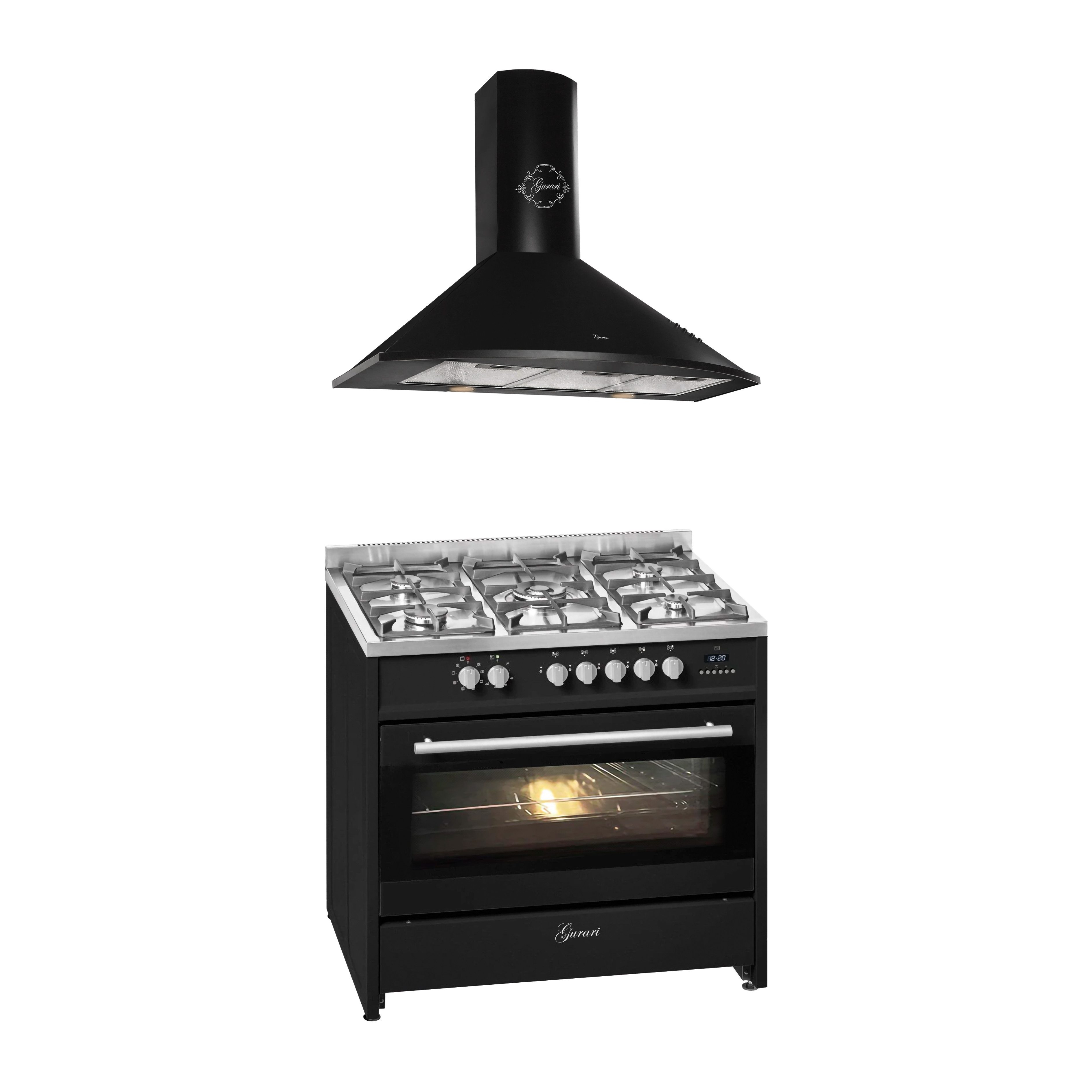 GURARI Gas-Standherd Gas Elektro Standherd 90 cm, Range Coocker+Dunstabzugshaube 90 cm GCH E 911 BL+GCH 046 Bl 9., mit 1-fach-Teleskopauszug