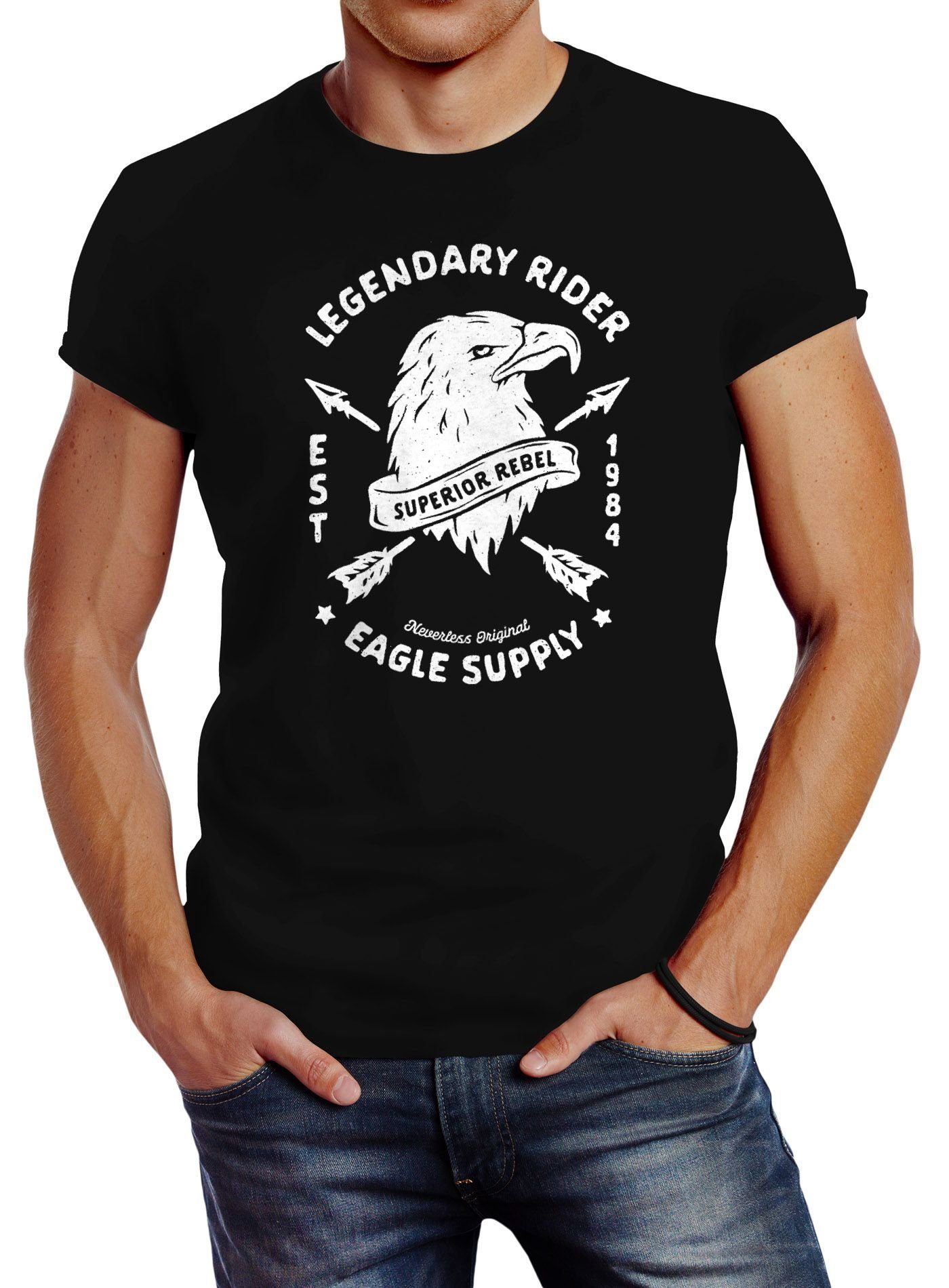 Neverless Print-Shirt Herren T-Shirt Legendary Rider Eagle Supply Aufdruck Slim Fit Neverless® mit Print schwarz