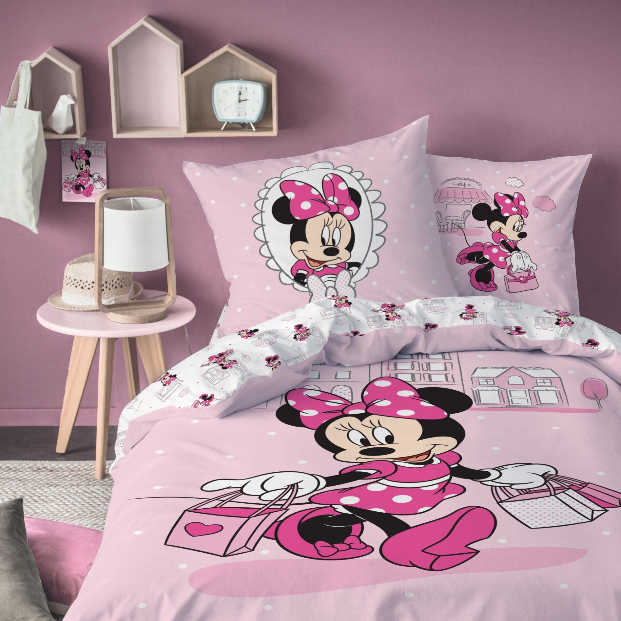 Kinderbettwäsche Minnie Mouse 135x200 + 80x80 cm, 100 % Baumwolle, MTOnlinehandel, Renforcé, 2 teilig, süße Disney Minnie Maus auf Shopping-Tour Постільна білизна in rosa