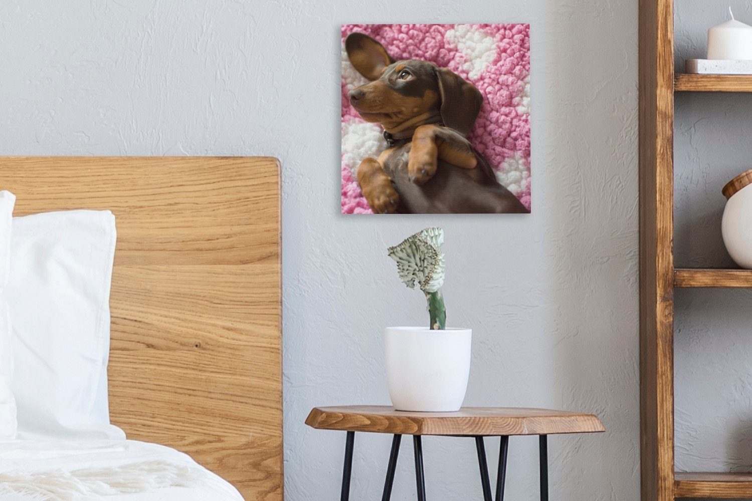 OneMillionCanvasses® Leinwandbild Ein Dackelwelpe auf Wohnzimmer St), für Bilder Leinwand einer Decke, (1 rosa Schlafzimmer