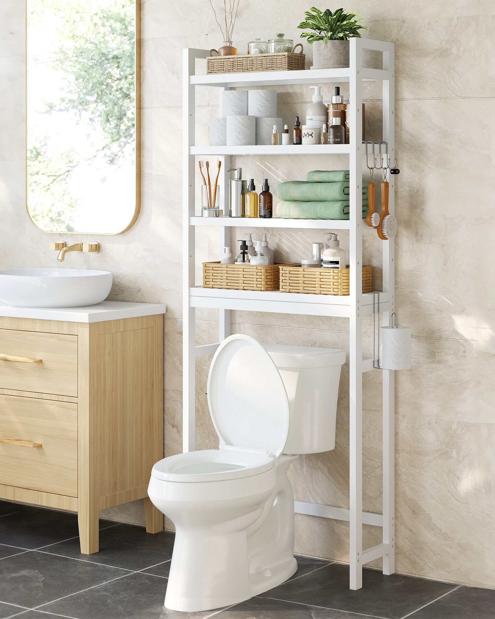 SONGMICS Badregal Toilettenregal, Waschmaschinenregal,4-stöckig, verstellbare Ablagen, platzsparend