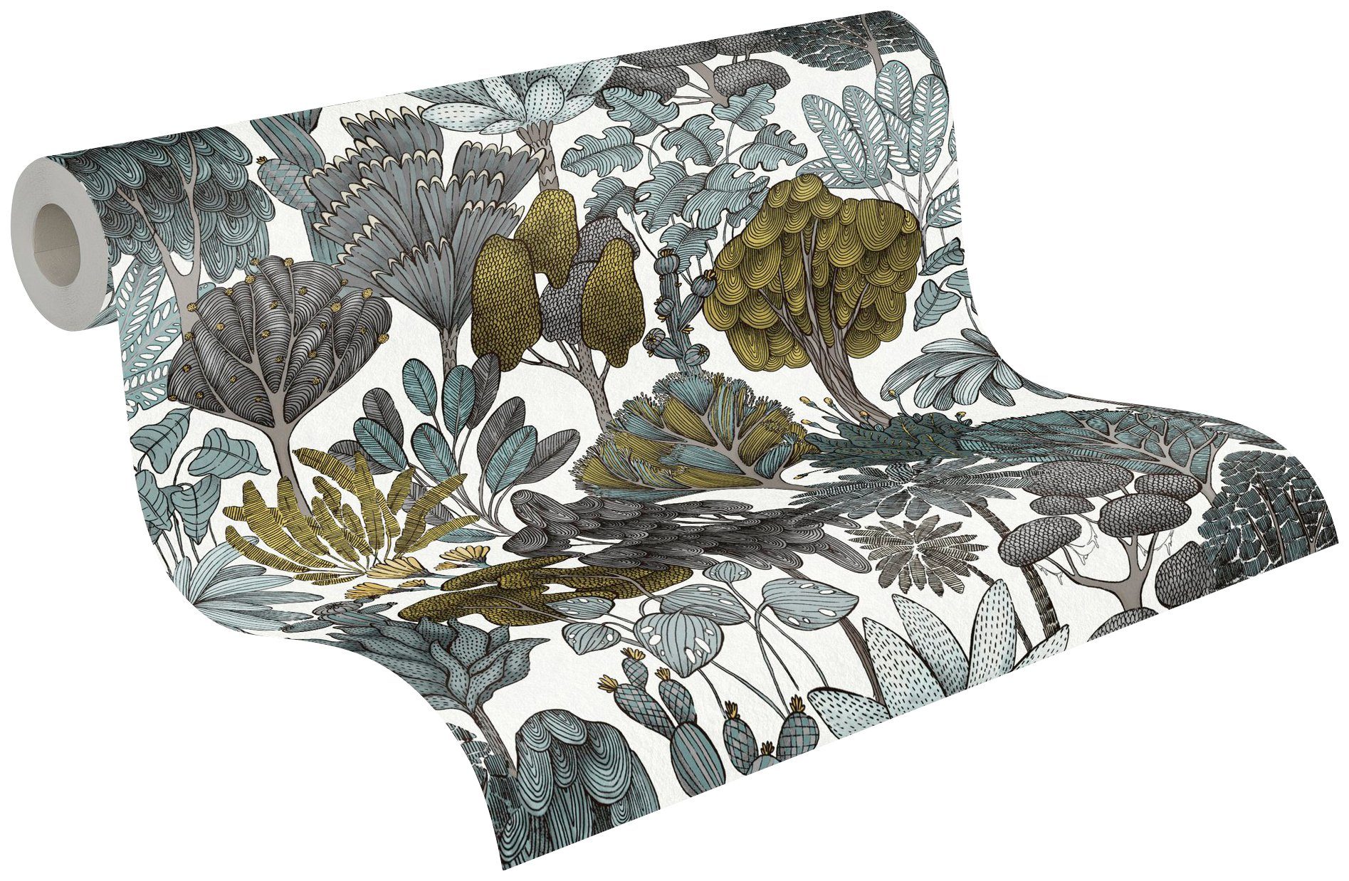 Impression, Floral grün/grau/gelb Tapete Architects Dschungel botanisch, floral, glatt, Paper Vliestapete Blumentapete
