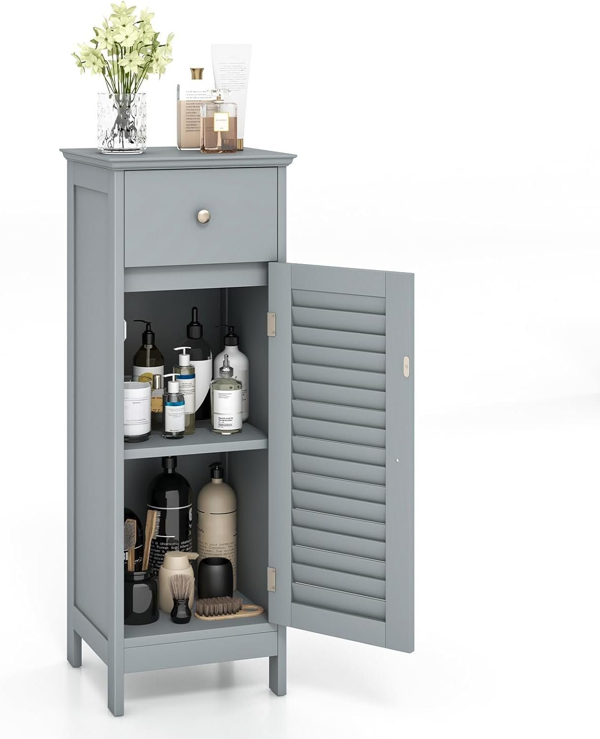 KOMFOTTEU Midischrank Badzimmerschrank mit Schublade,mit Lamellentür & verstellbarem Regal