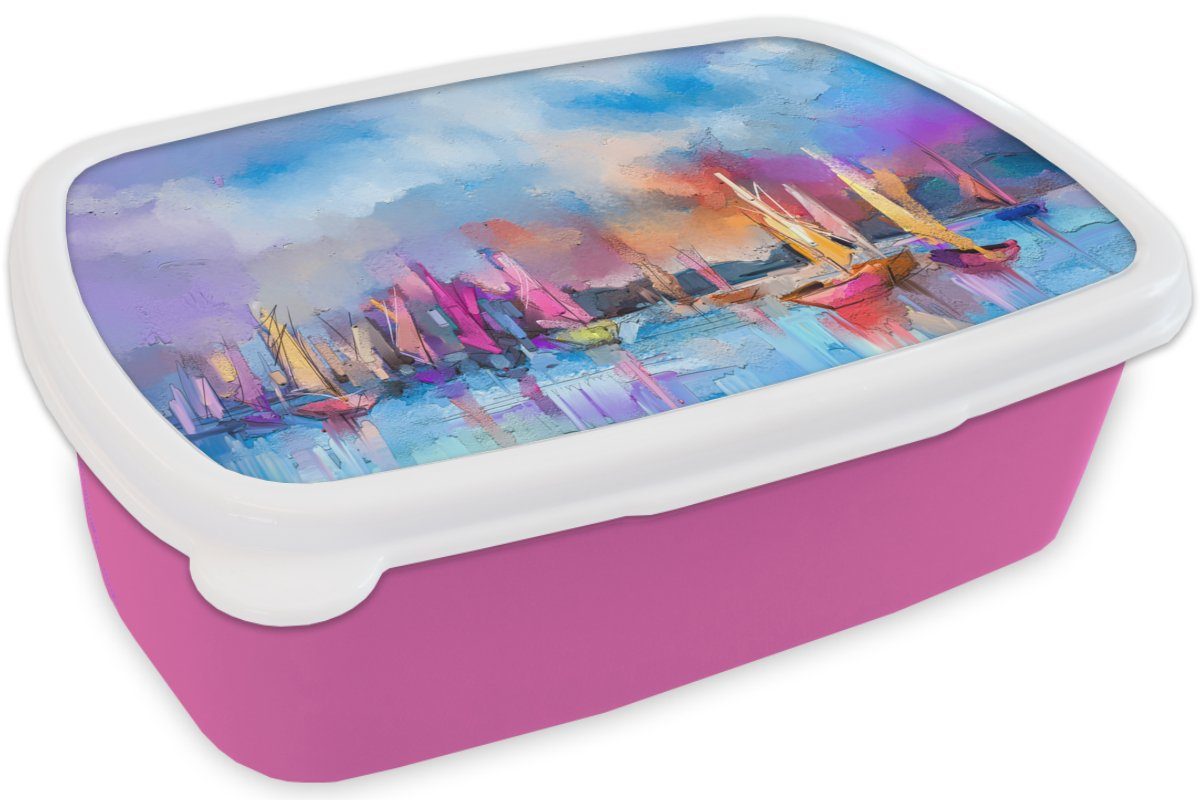(2-tlg), Lunchbox Kunststoff, Mädchen, Snackbox, Kinder, - Erwachsene, MuchoWow Brotbox Brotdose für rosa Boot, Kunststoff Ölgemälde