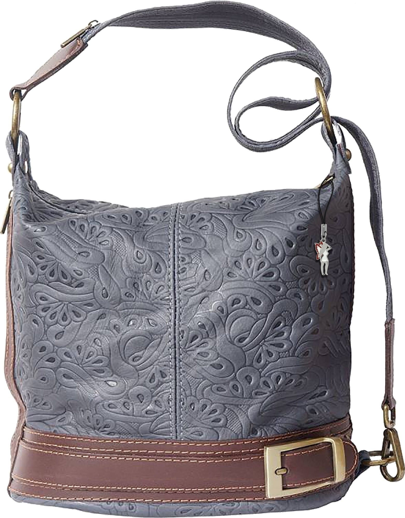 FLORENCE Schultertasche Florence florale Damen Schultertasche (Schultertasche), Damen Leder Schultertasche, Cityrucksack, grau, braun ca. 23cm