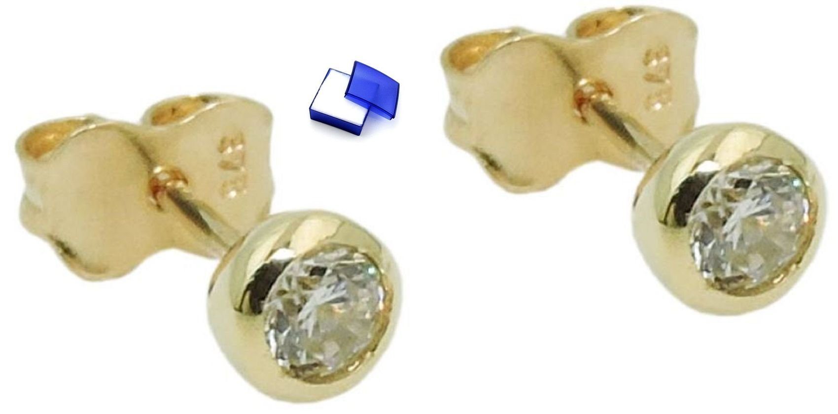 unbespielt Paar Ohrstecker Ohrringe mit Zirkonia rund 375 Gold 4 mm inklusive Schmuckbox, Goldschmuck für Damen und Herren