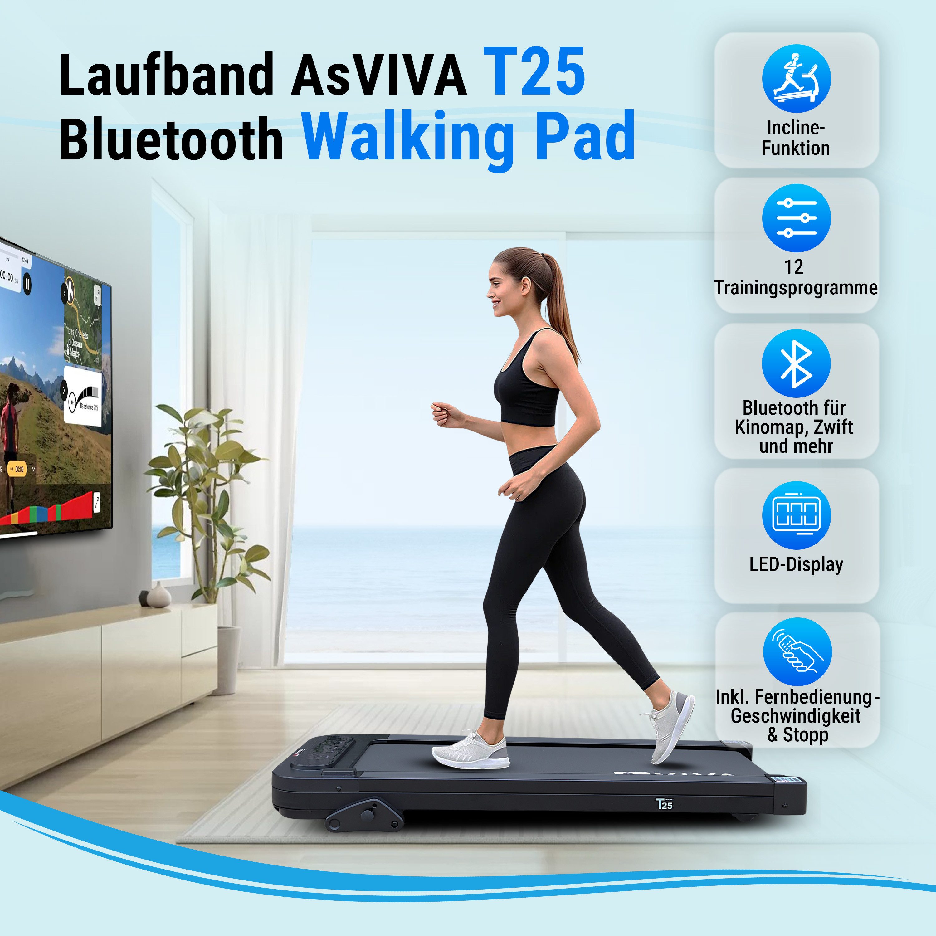 AsVIVA Laufband Walking Pad T25 mit Steigung, Bluetooth, Fernbedienung, Ultrakompakt & leise