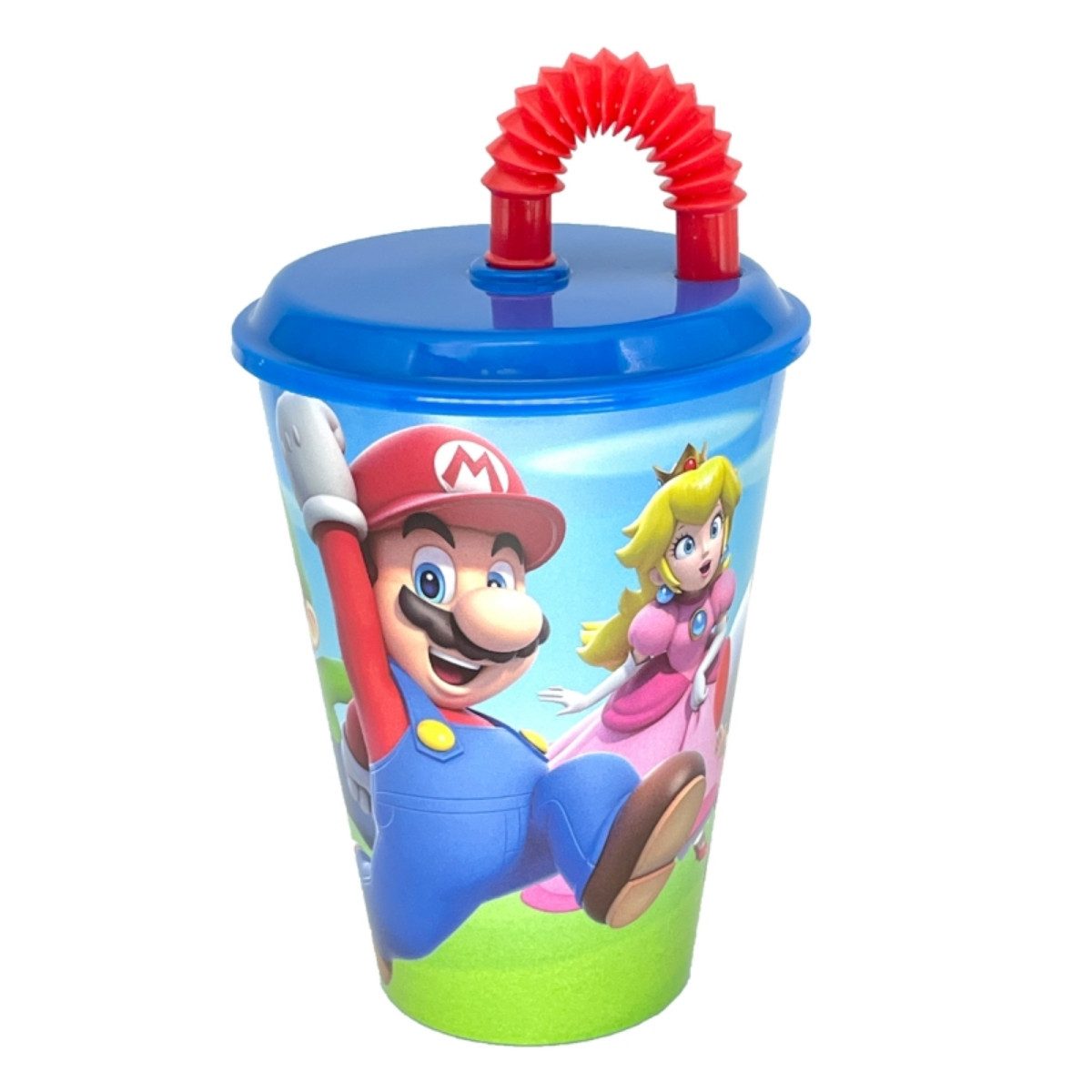 Super Mario Becher Trinkbecher 430 ml mit Deckel und Strohhalm, Polyethylen