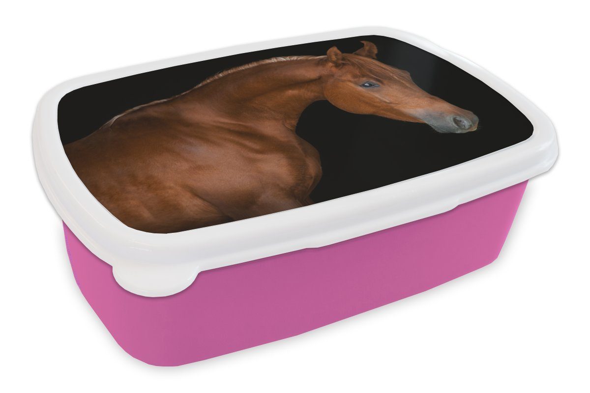 MuchoWow Lunchbox Pferd - Schwarz - Braun, Kunststoff, (2-tlg), Brotbox für Erwachsene, Brotdose Kinder, Snackbox, Mädchen, Kunststoff rosa