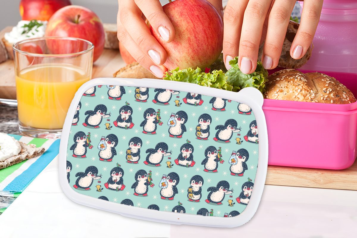 MuchoWow Lunchbox Tiere Brotbox für (2-tlg), Muster Brotdose Erwachsene, - Snackbox, Kunststoff, - Kunststoff rosa Kinder, Mädchen, Pinguin