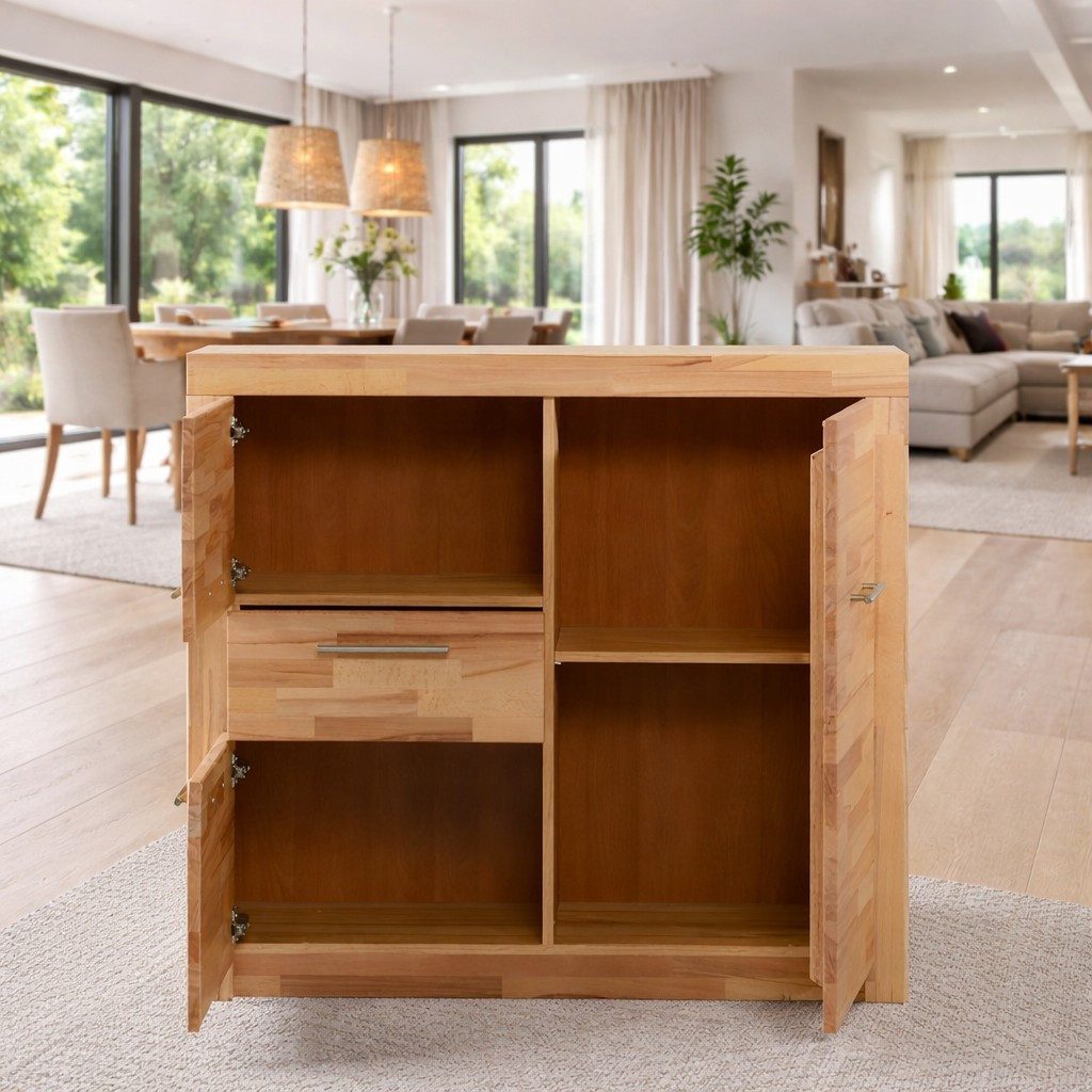 bv-vertrieb Kommode Hochkommode 3 Türen 1 Schubkasten Sideboard Kernbuche teilmassiv #1428