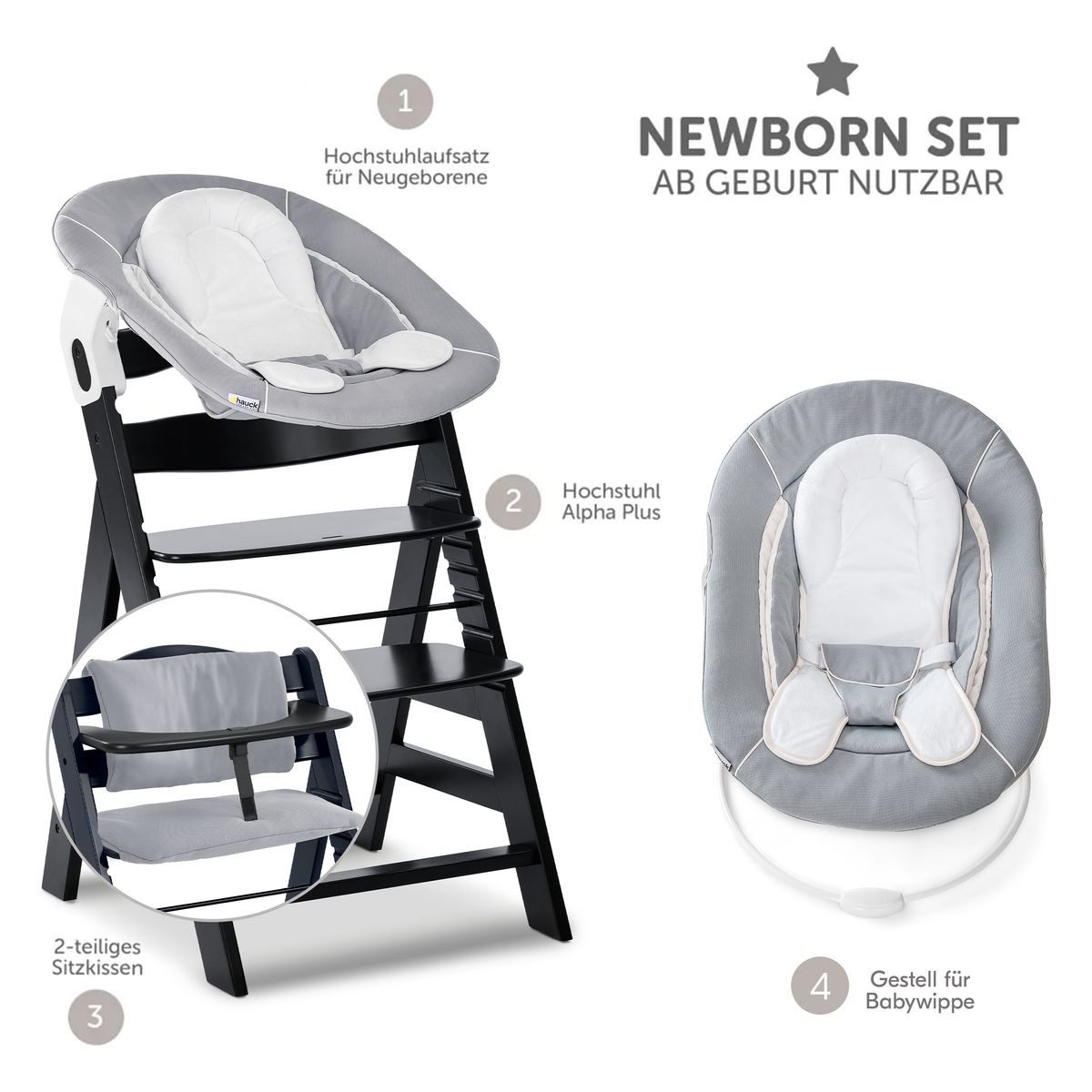 Hauck Hochstuhl Alpha Plus Black Newborn Set - Stretch Grey (Set), Holz Babystuhl ab Geburt inkl. Aufsatz für Neugeborene & Sitzauflage