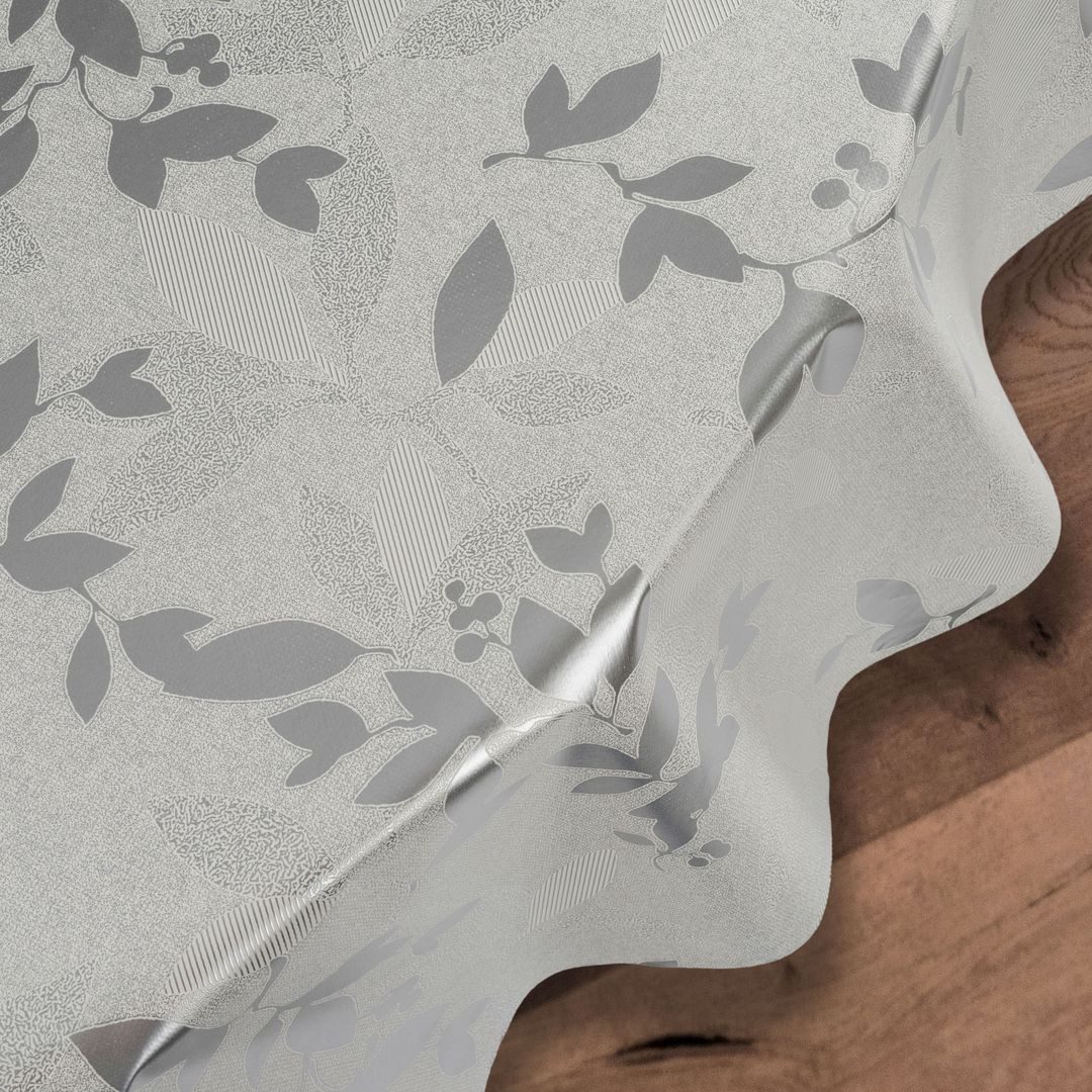 laro Tischdecke Wachstuch-Tischdecken Abwaschbar Geprägt Blätter Silber Rund 140cm – Bild 4 von 5