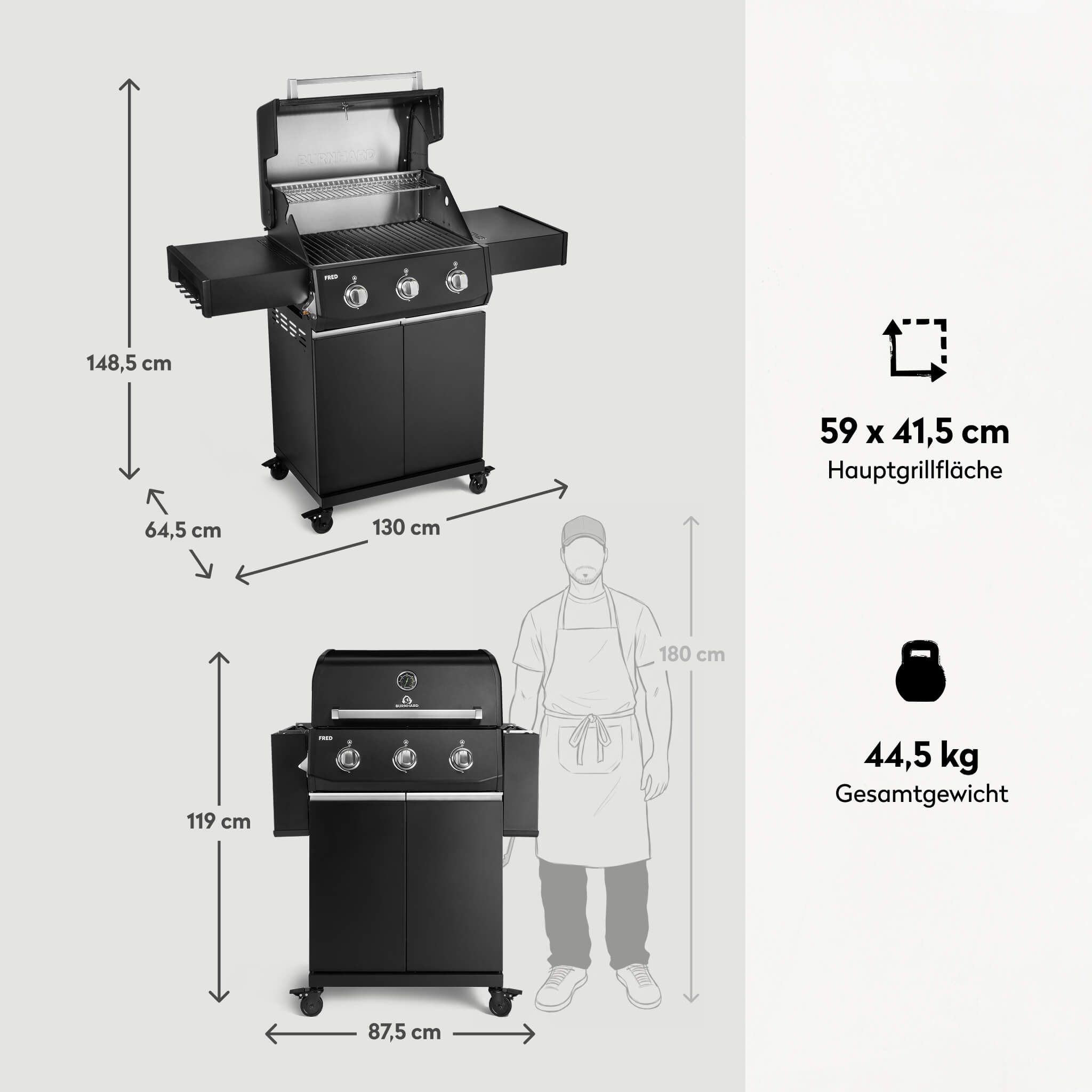 BURNHARD® Gasgrill 3-Brenner, 9,6 kW, Edelstahl-Stabbrenner, Piezo-Zündung, Gussrost, große Grillfläche, stabile Alu-Seitenteile – FRED Base, stabile Alu-Seitenteile – FRED Base