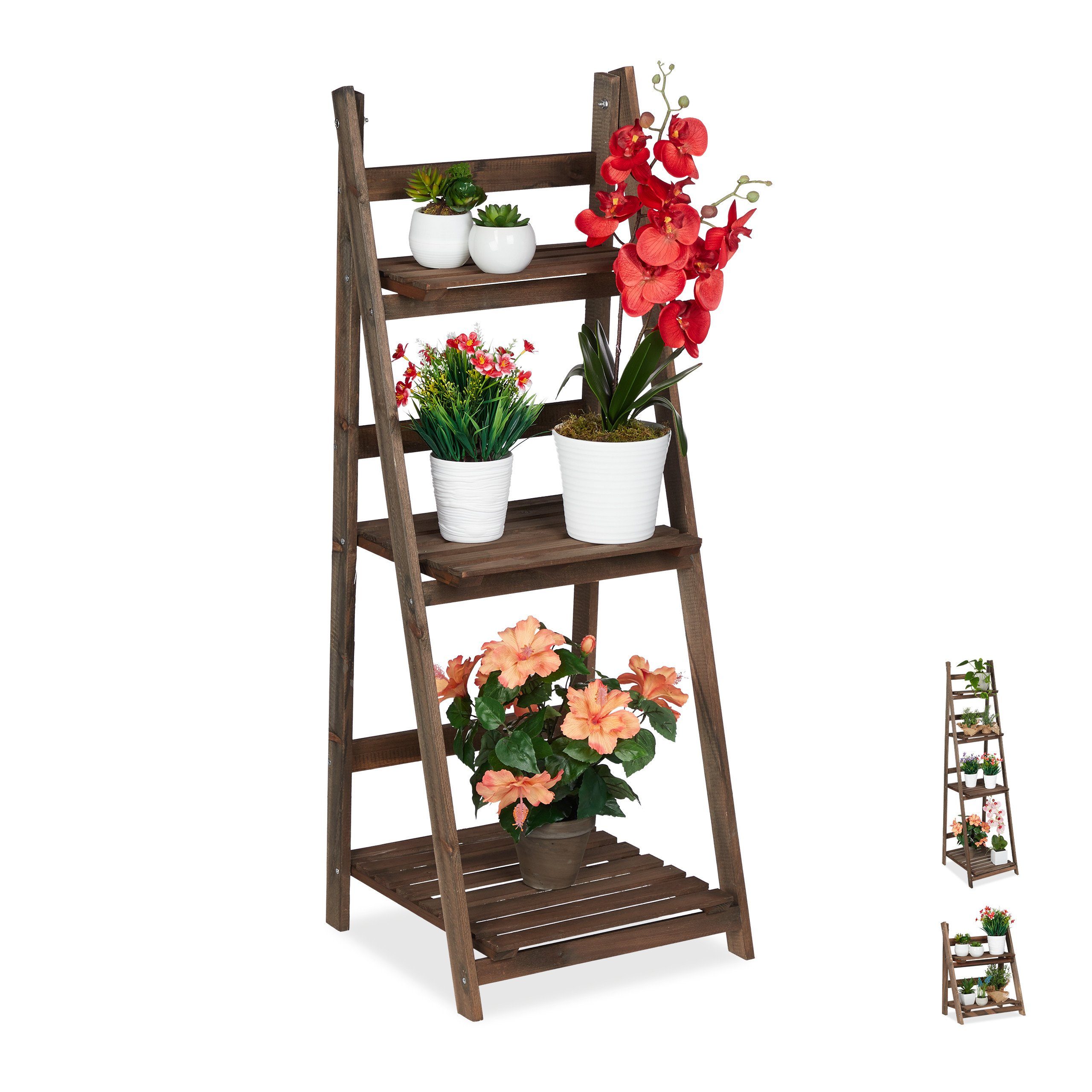 relaxdays Blumenständer Blumentreppe Holz dunkelbraun, L