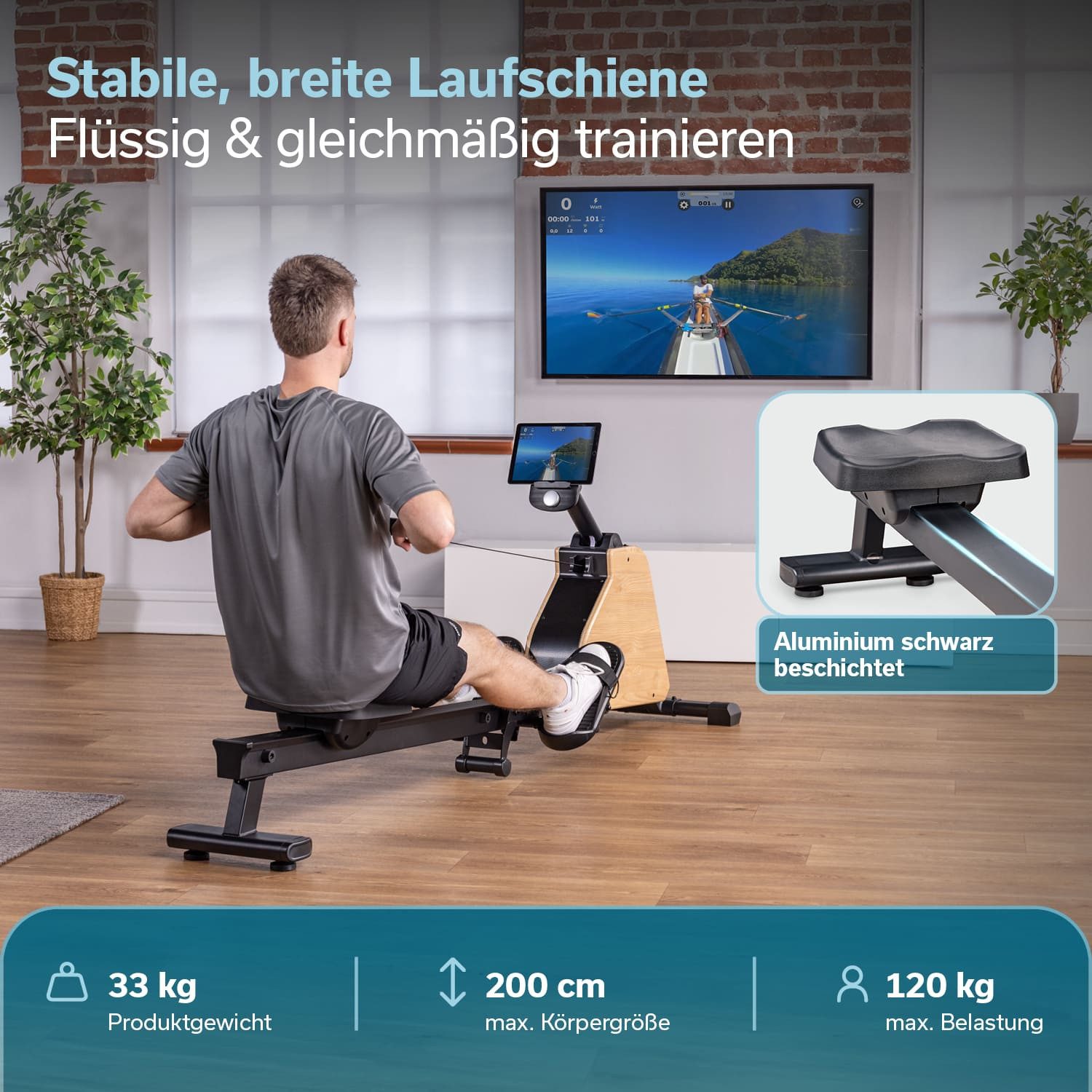 Skandika Rudergerät für Zuhause klappbar Treliv P6, Rahmen aus Eisen, Bluetooth (Krafttraining, Elemente in hochwertigem Holzdesign, Magnetbremse), Tablethalterung, Transportrollen, 16 Stufen, Kinomap App kompatibel