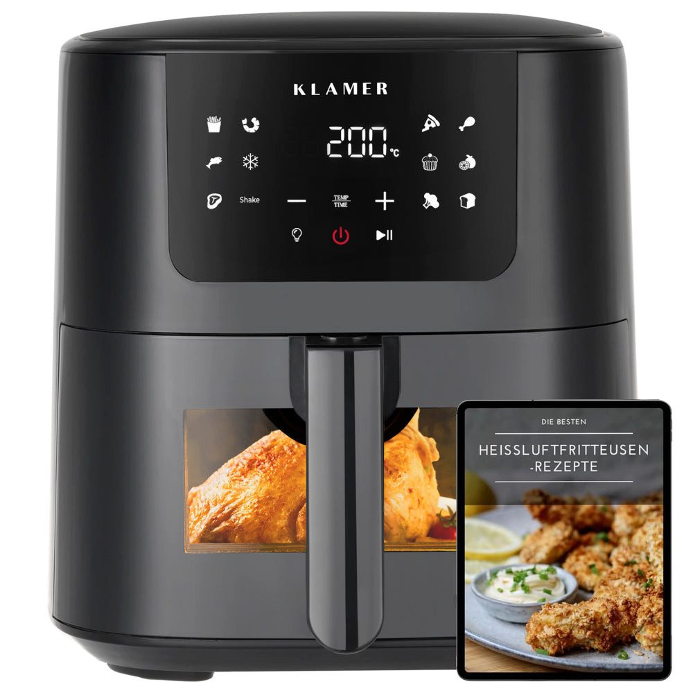 KLAMER Heißluftfritteuse, 1500 W, LED Display, Sichtfenster, Antihaft, 10 Kochprogramme, Cool-Touch