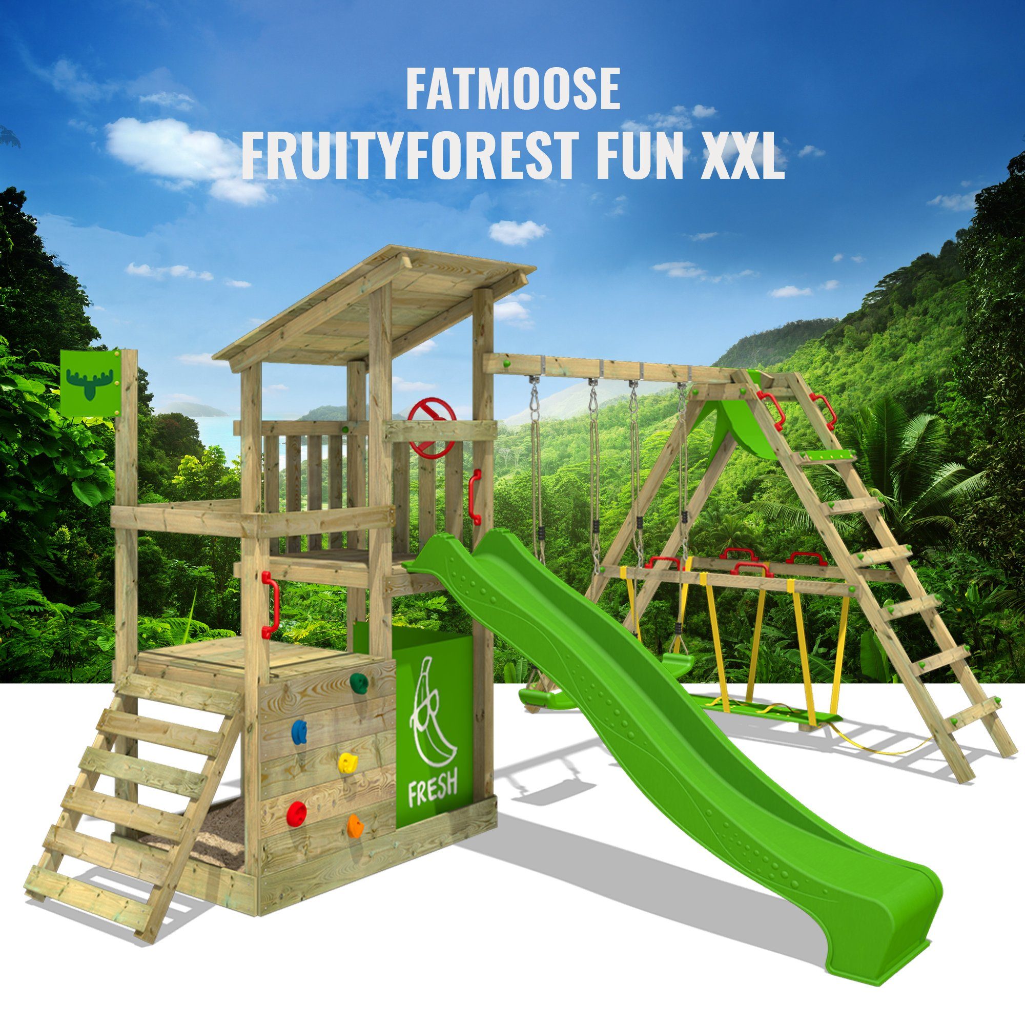 Rutsche apfelgrün/apfelgrün FATMOOSE Schaukel Fun Sandkasten Integrierter & 10-jährige SurfSwing, Garantie*, FruityForest mit Kletterturm und Spielturm