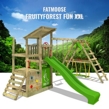FATMOOSE Spielturm Kletterturm FruityForest Fun mit Schaukel & Rutsche und SurfSwing, 10-jährige Garantie*, zwei Spielebenen, Integrierter Sandkasten