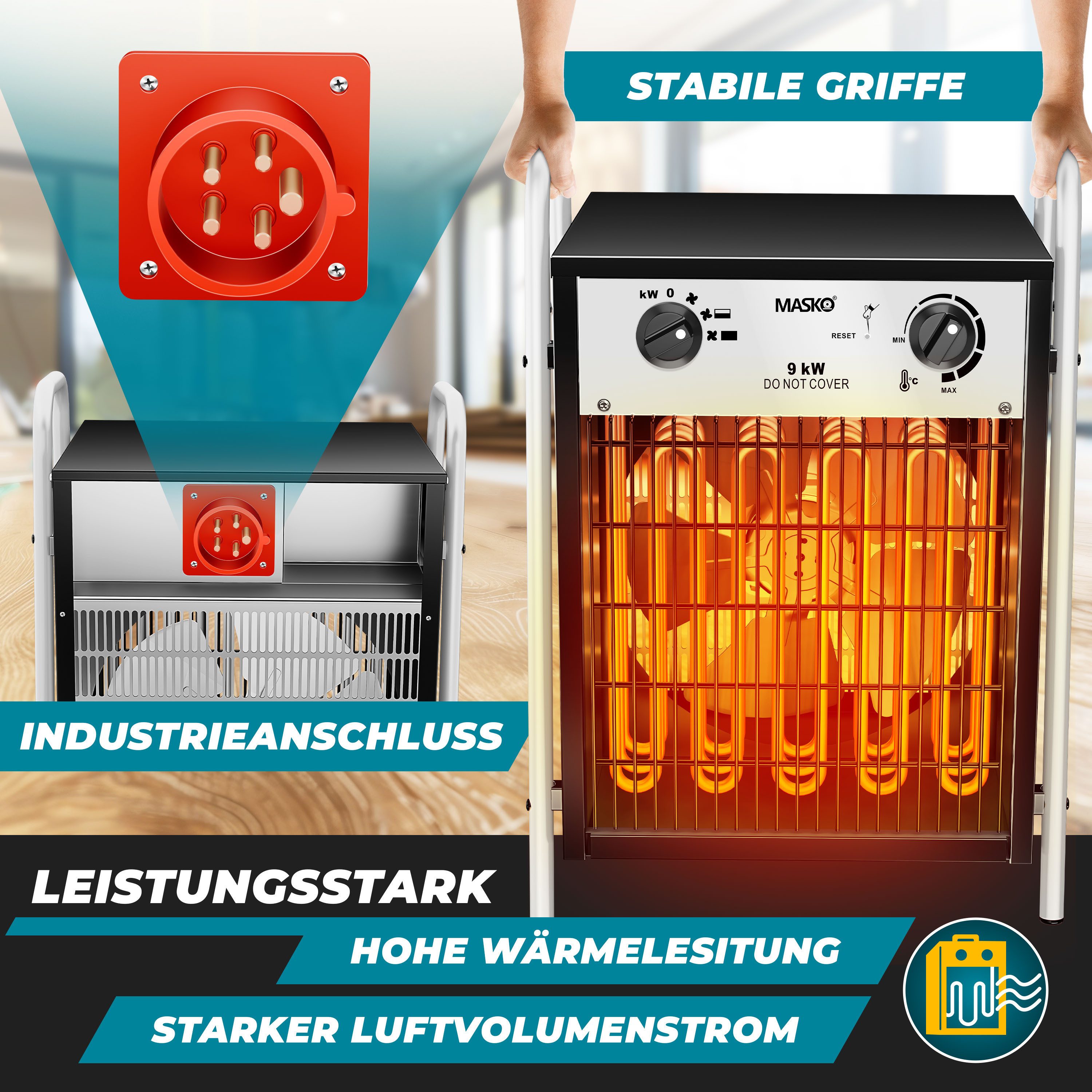 MASKO Heizgerät, 9000 W, Elektroheizer Heizlüfter Bauheizer mit integrierte günstig online kaufen