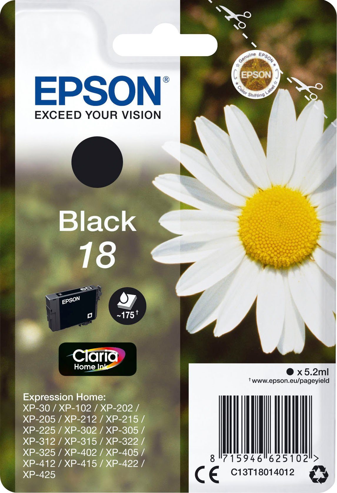 Epson T1801,"18" Druckerpatrone (original schwarz) Tintenpatrone 18 C13T18014012