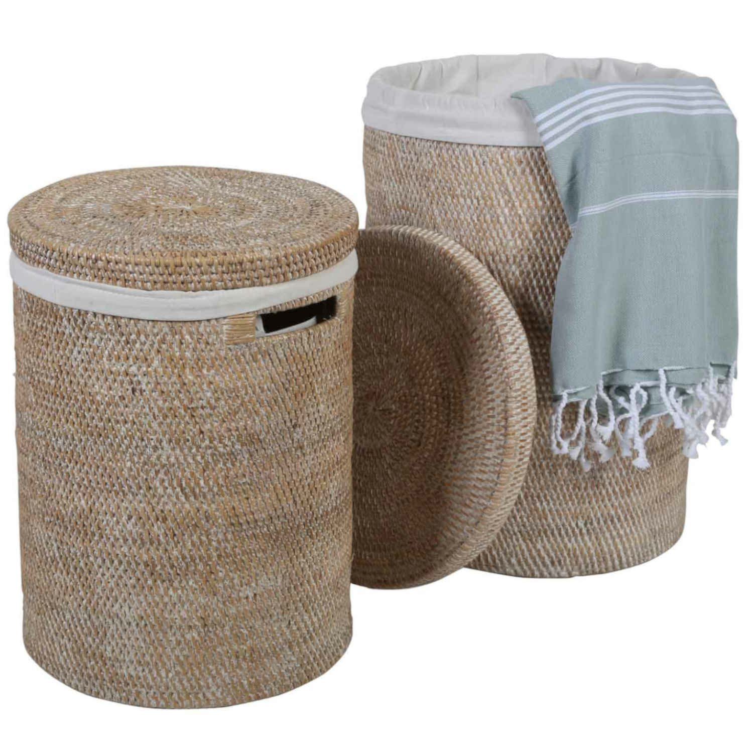 Casa Moro Wäschekorb Rattan Wäschebehälter Cleo Weiß rund mit Deckel & Innenfutter (Designer Weide Korb, Aufbewahrungskorb rustikal geflochten, Rattan Korb rund), Boho Chic Wäschesammler mit Griff